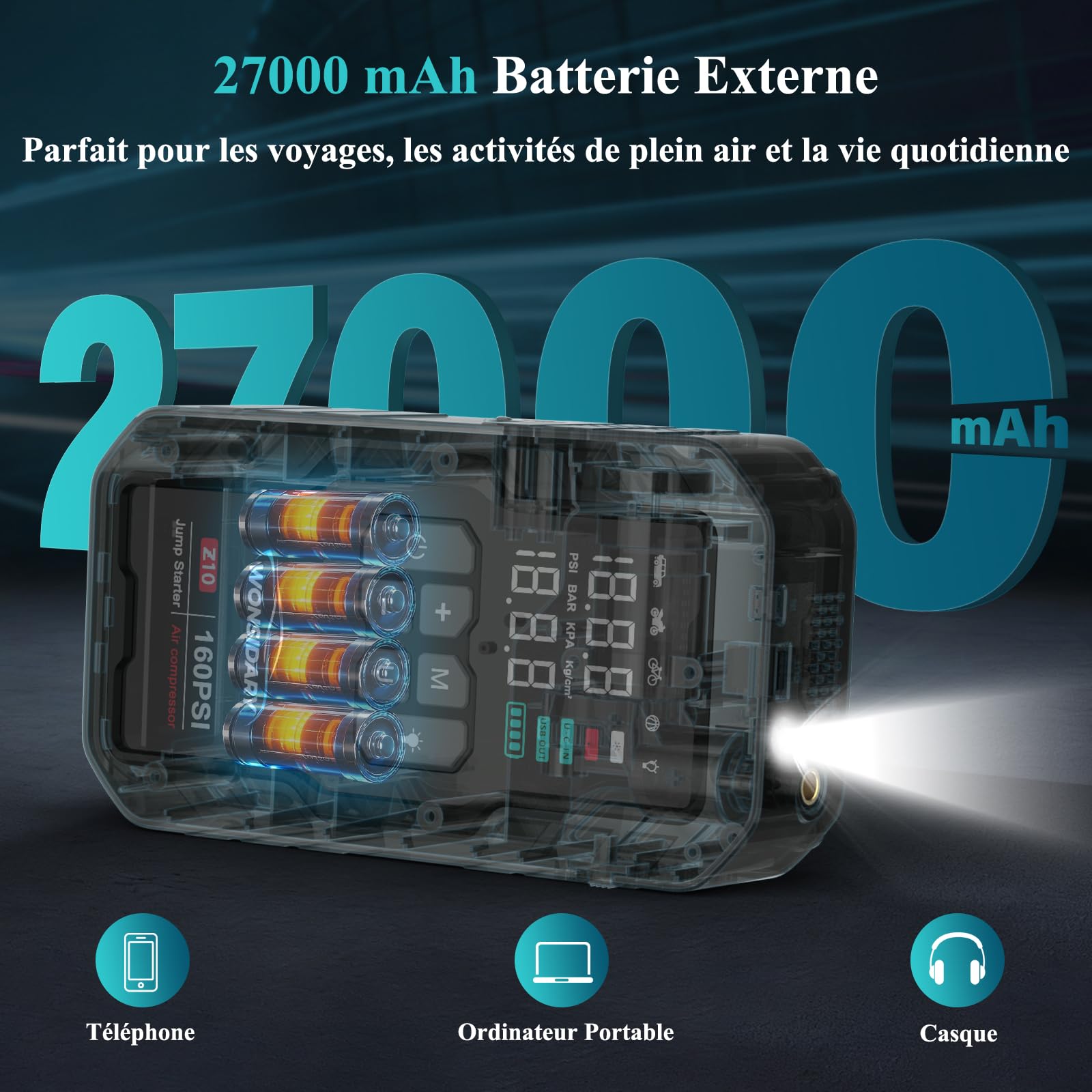 Booster Batterie Voiture 7000A avec 11,05 BAR/160 PSI Gonfleur de Pneus,27000 mAh Démarreur Batterie Voiture pour Tous Moteurs Essence/8.0L Diesel,4 Modes LED,Kit d’Urgence pour Hiver et Voyage