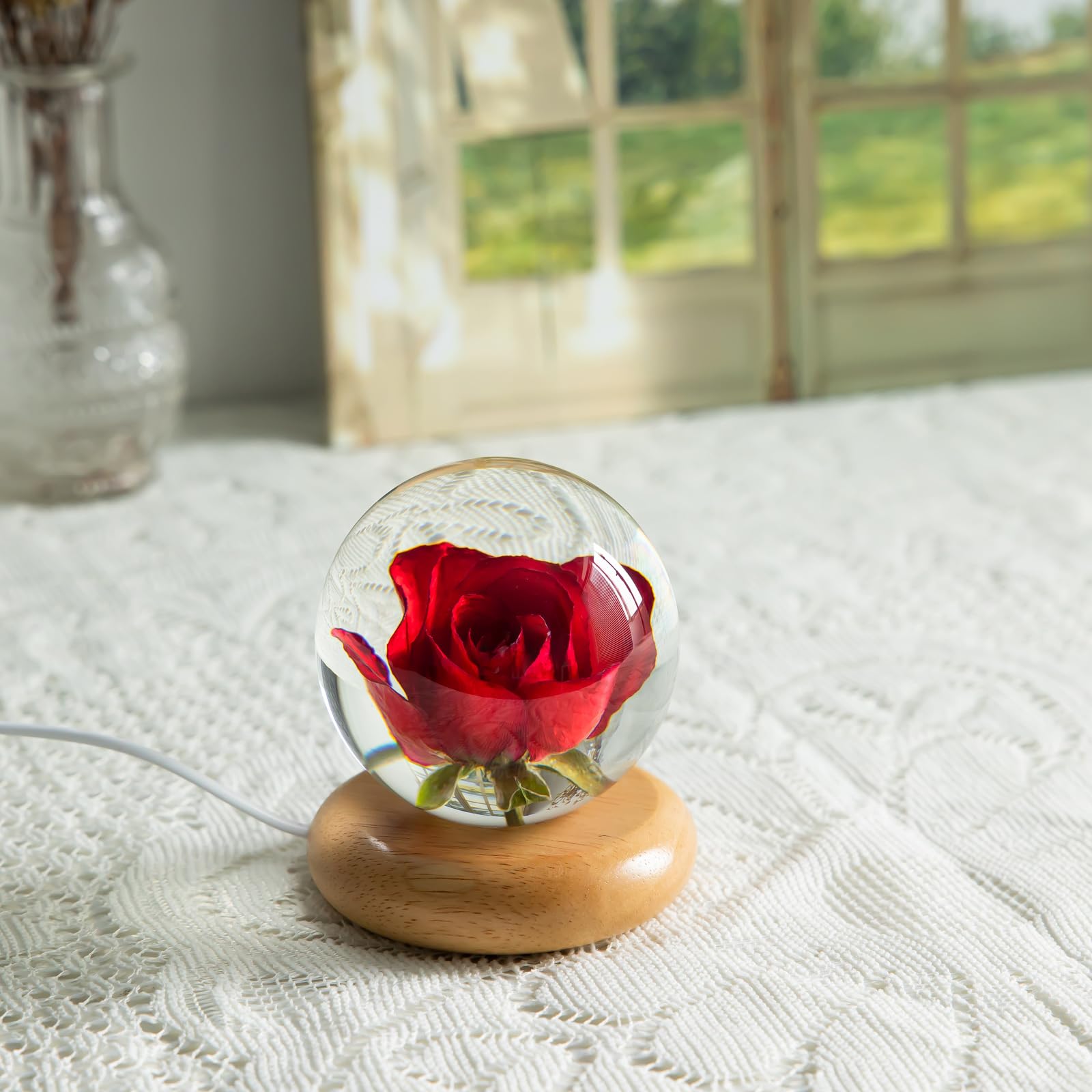 Veilleuse Boule De Cristal En Forme De Fleur - 7 Cm - Avec