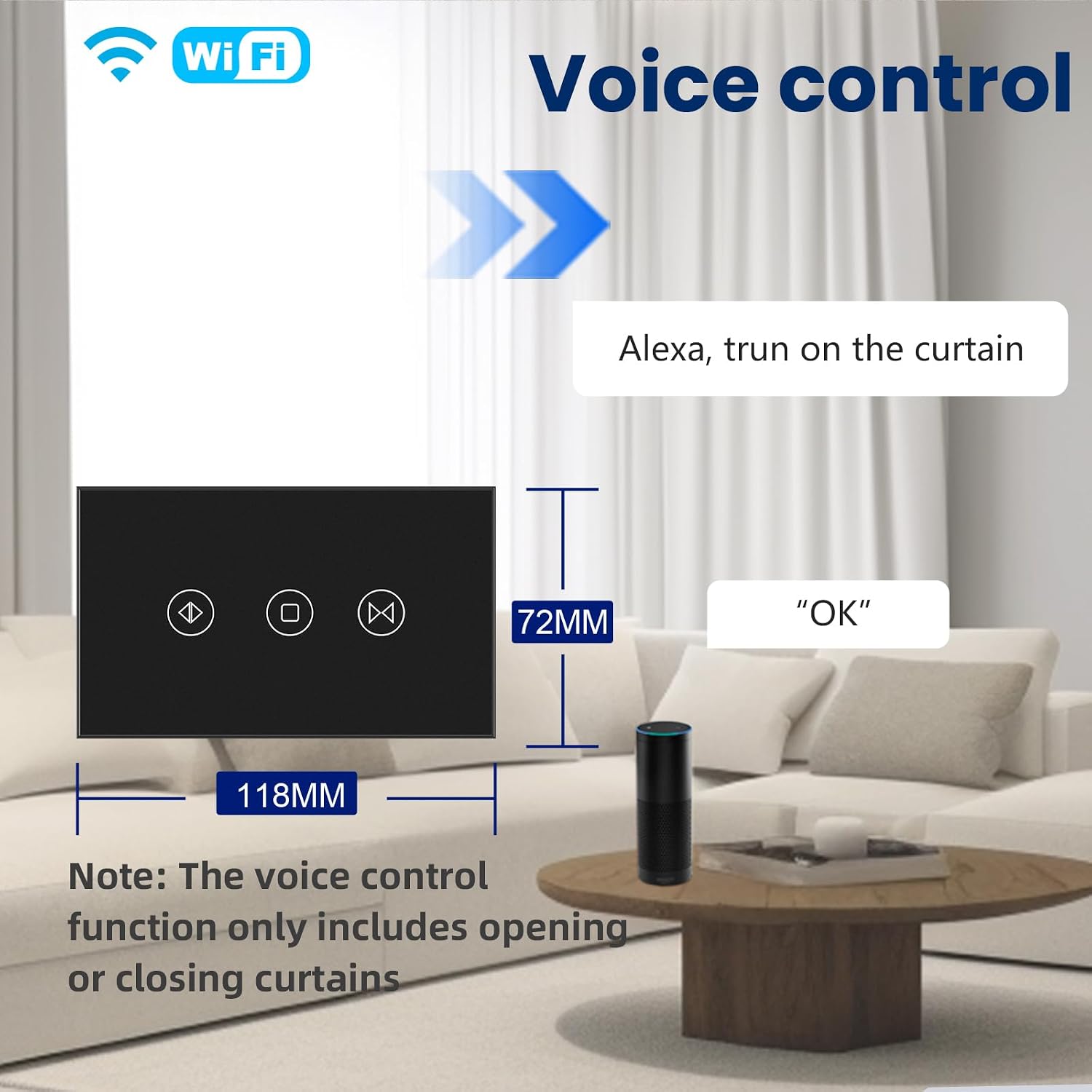 Smart Curtain Switch 4.65 X 2.83 X 1.34 Inches,2.4GHz Wi-Fi Touch Switch,Neutral Wire Required,Work with Smart Life/Tuya App,Tempered Glass Panel,Black