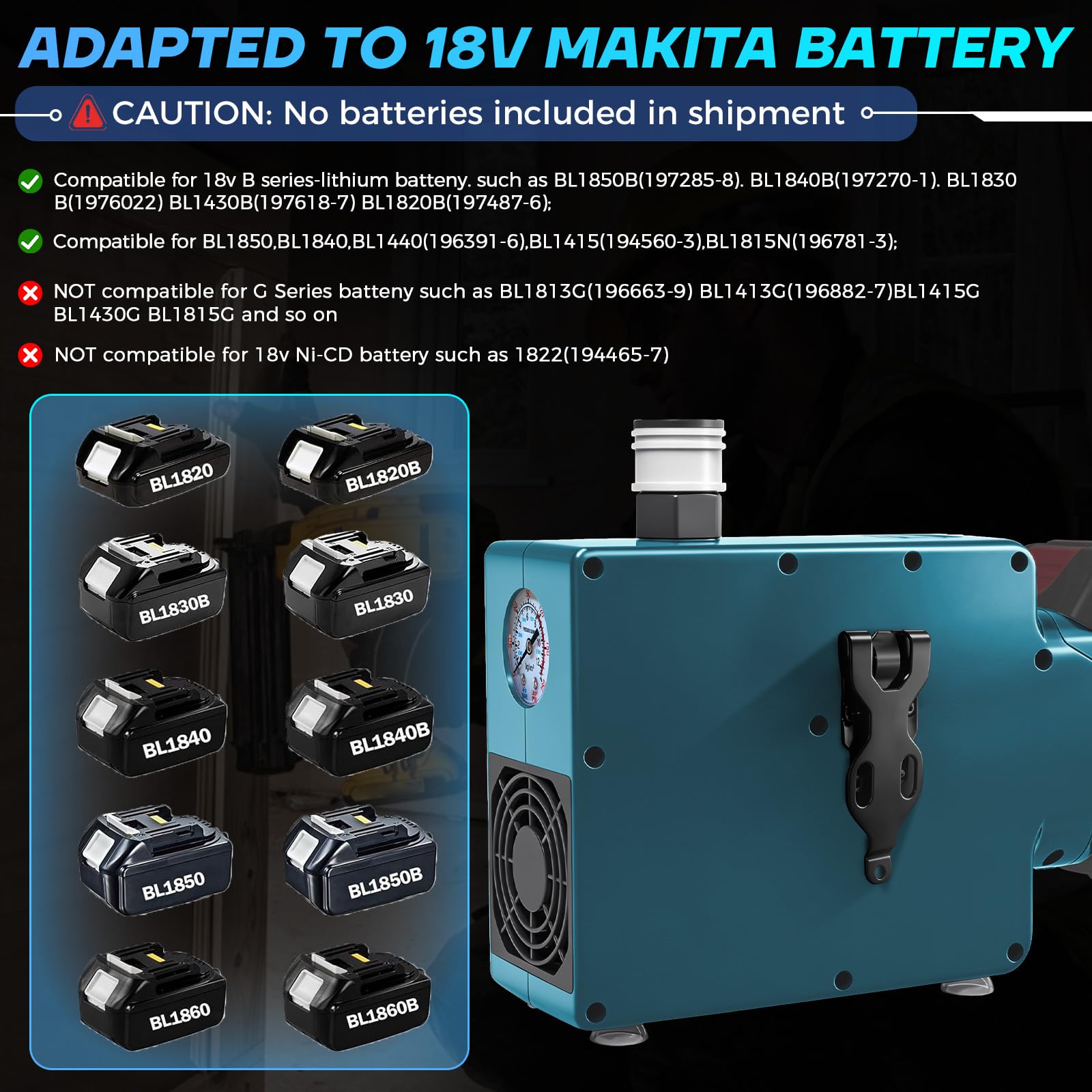Mini compressore d'aria a batteria per Makita 18 V, mini compressore d'aria 150 psi/10,34 bar, 35 l/min, per utensili pneumatici, lavori in altezza, piccole riparazioni
