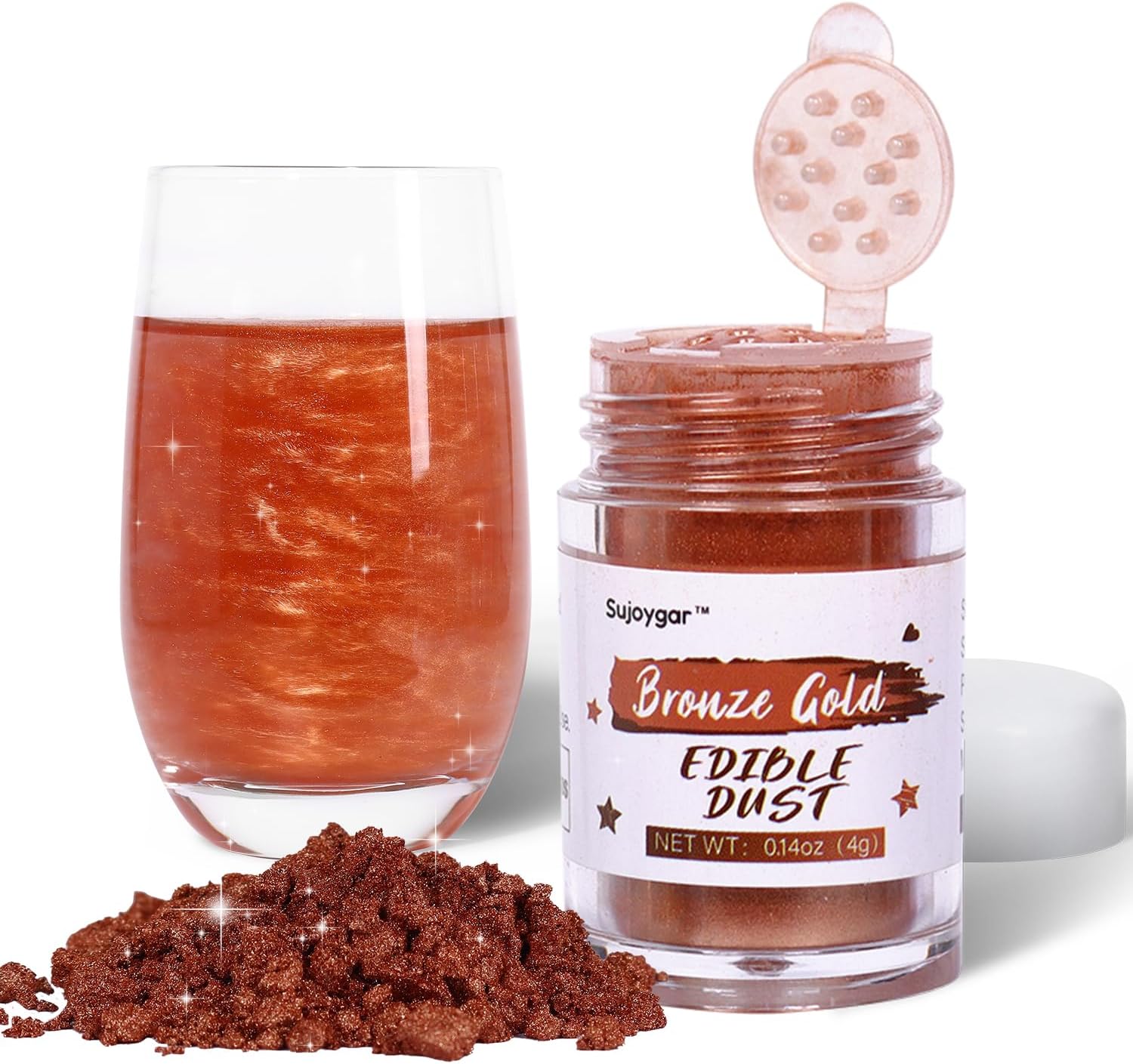 Bronze Gold Edible Glitter for Cocktails, Sujoygar 4g Luster Dust Edible Drink Glitter Shimmer Powder for Cake Vodka Chocolate Wine Cupcake Baking Food Grade