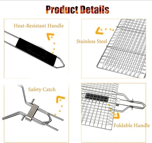 Miniatura 7 de Cesta para parrilla, cesta portátil de acero inoxidable con mango extraíble, estante de barbacoa para acampar al aire libre para pescados,