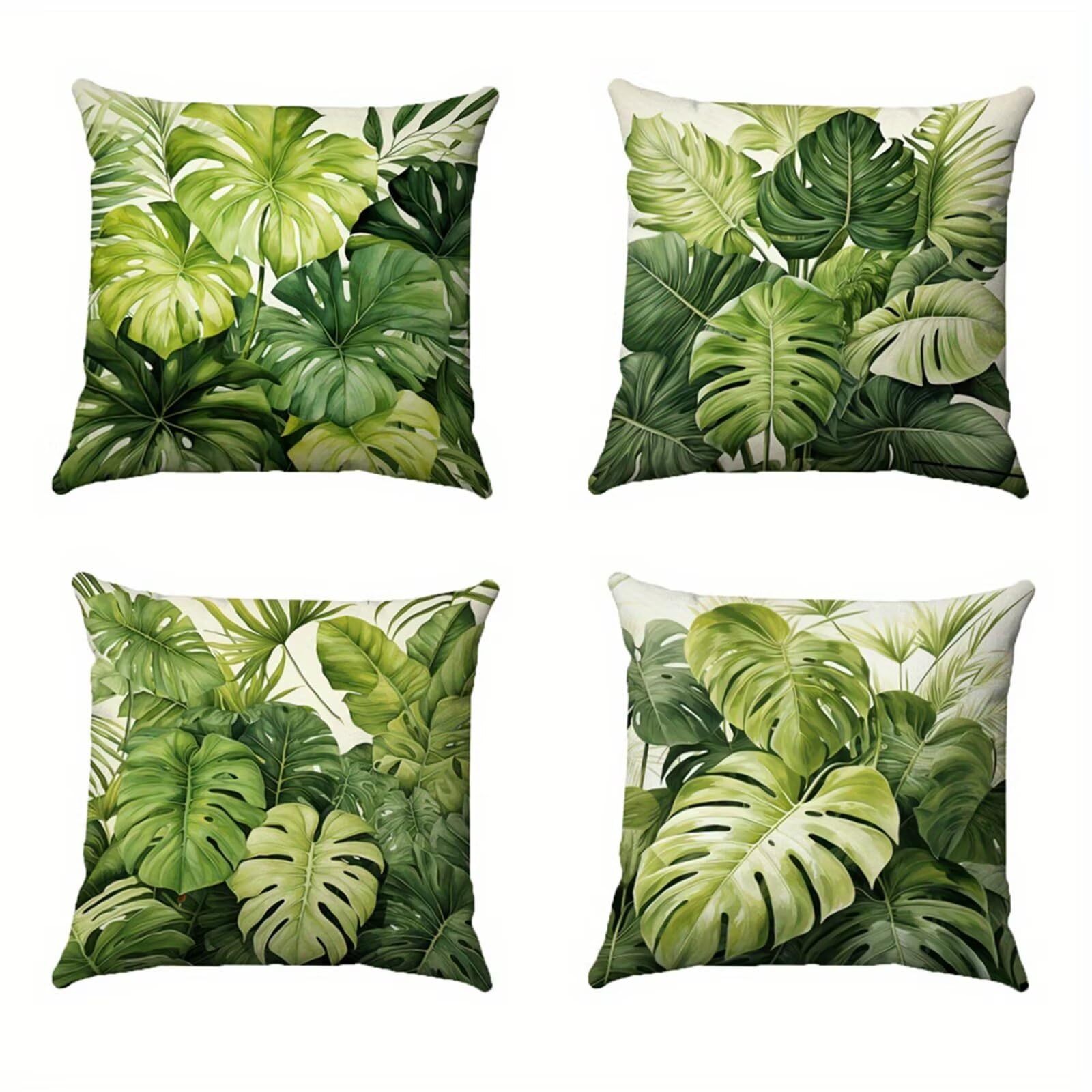 QiHon Green Tropical Leaves Cushion Covers 45x45 cm Set of 4, Decorative Throw Pillow Cases, 18x18 inch Square Linen Pillowcases for Sofa Living Room Bedroo