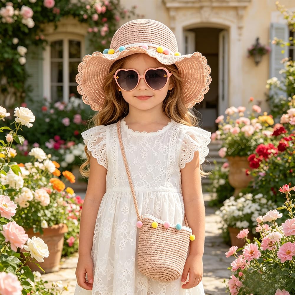 Sombrero de Paja Niñas, Gorra de Sol Chica y Bolsa de Paja Set Gorro de Playa Gafas de Sols Playa de Verano Sombrero Mini Bolsa Cruzada de Pajas Sombreros para Beach Viaje Piscina(Rosa)