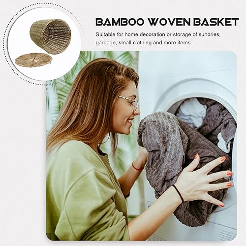Miniatura 4 de TOPBATHY Cesta de basura de ratán con tapa, cubo de basura redondo de mimbre para lavandería, cesta de almacenamiento tejida para oficina en casa