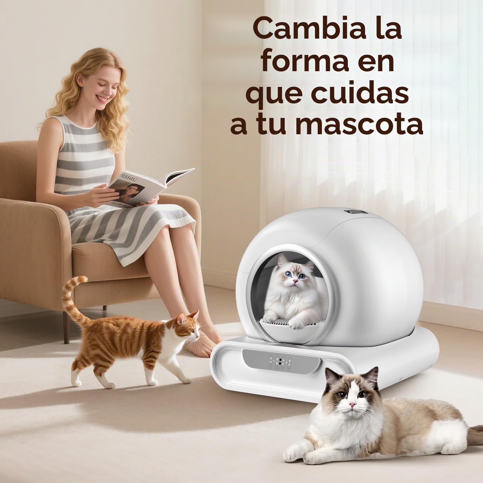 Arenero Gatos Autolimpiable, 65L Grande, Arenero Autolimpiable para Gatos eléctrica, Caja de Control de Arena extraíble, Control de Olor/aplicación, Entrada Baja, Seguro sin olores, para Varios Gatos