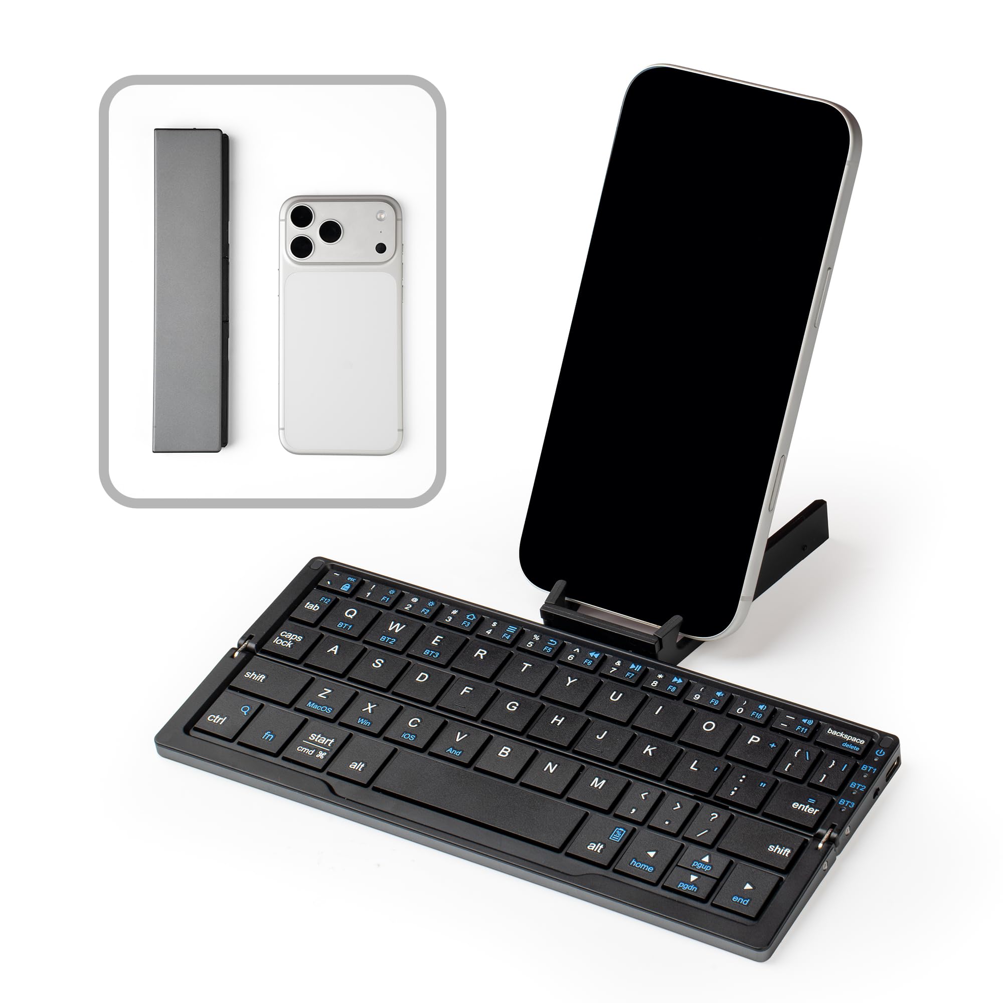 Tastiera Bluetooth Pieghevole QWERTY Silenziosa con Supporto Magnetico, Mini Tastiera Wireless Ricaricabile in Alluminio per iPad, Tablet, Smartphone, Laptop（Nero）