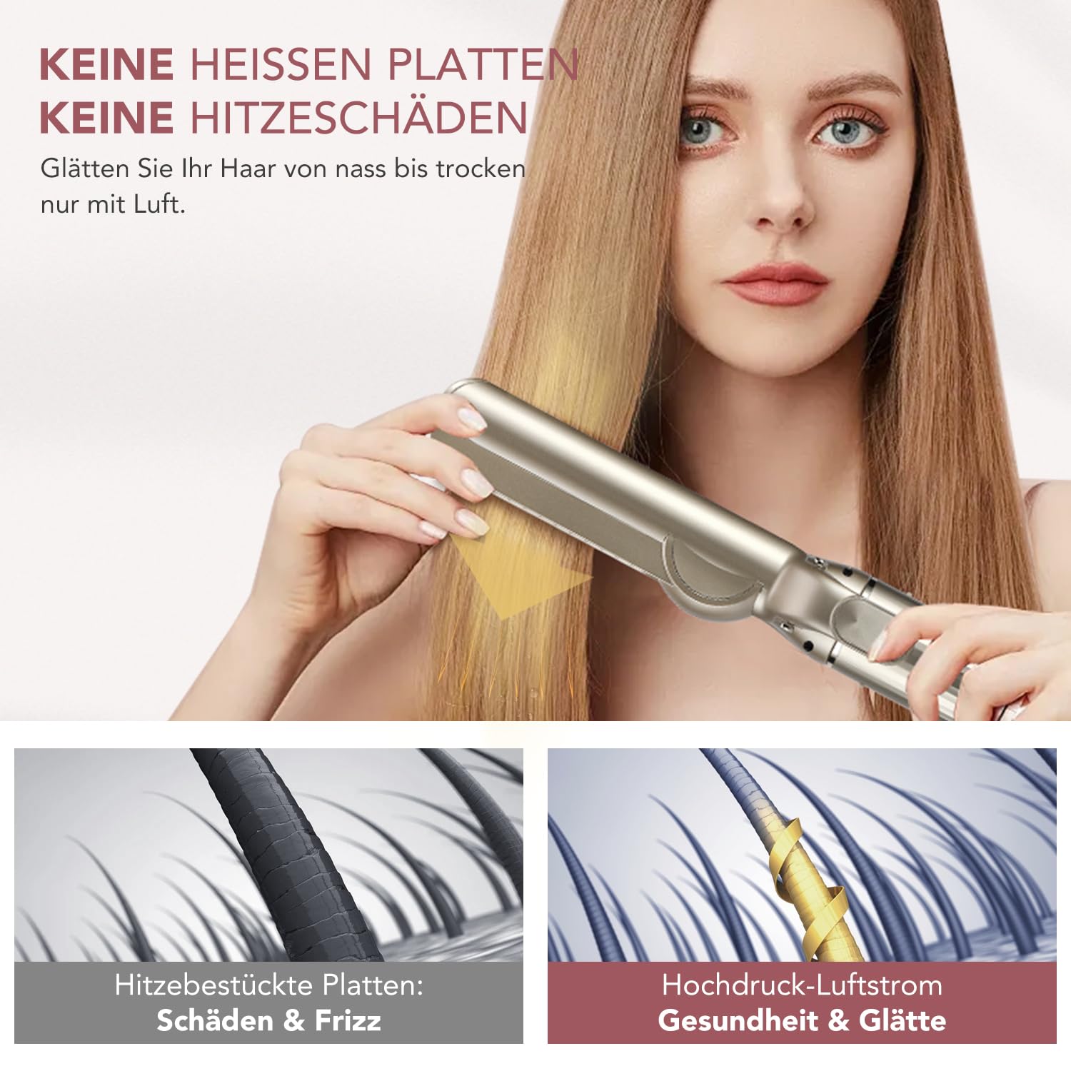 Glätteraufsätze für Shark FlexStyle Luftstyler, Airflow Technologie ohne Heizplatten, Gleichzeitiges Trocknen und Glätten mit Luftstrom, Reduziert Hitzeschäden, Champagner