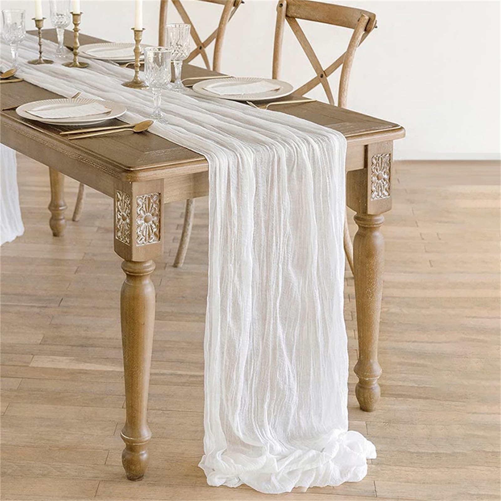 Jarsense Milk White Cheesecloth Table Runner Kitchen Restaurant Decoration Crinkle Gauze Tablecloth for Birthday Home Party Wedding Banquet Decoration （90×400CM）