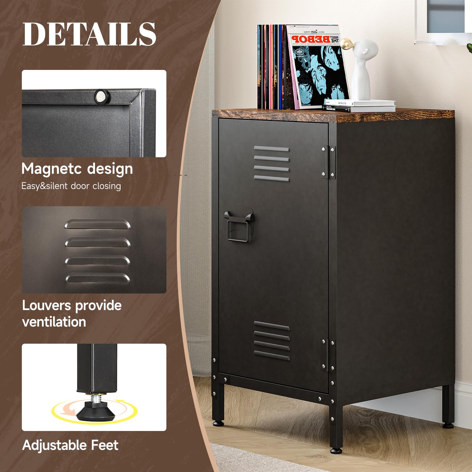 Sightlife Metallschrank Beistellschrank Sideboard Nachttisch Nachtschrank Kommode Schrank im Vintage-Stil verstellbar Einlegeboden Schränkchen für Wohnzimmer Schlafzimmer Metall (43B x 40T x 76H cm)