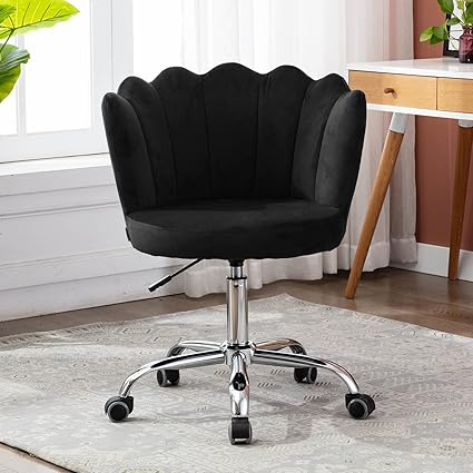 Finch Fox Crown Chair with Wheels Modern Leisure Desk Task Chair Velvet Upholstered Shell Ergonomic Mid-Back Velvet Adjustable Swivel Office Chair for Bedroom Living Room in Black Color