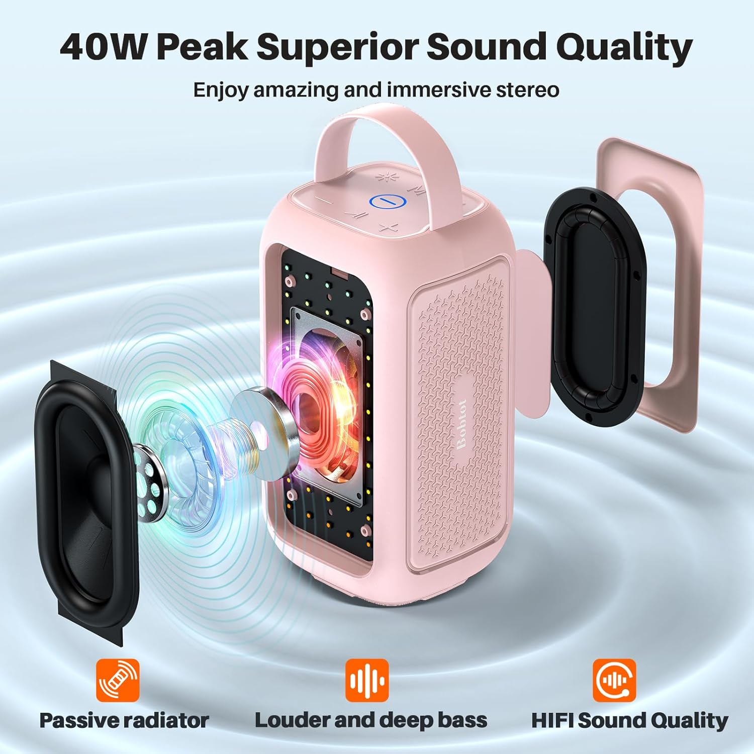 Bobtot Portable Bluetooth Speaker, 16H Playtime Wireless Speakers, Peak Singing Machine with Microphone, Magic Sound, Echo, EQ Mode (Pink, with 1 Mic) - Image 2