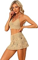 Vista 10 de Allegra K Conjunto de bikini de 2 piezas para mujer, top con huecos, minifalda, verano, playa, conjuntos de punto de ganchillo