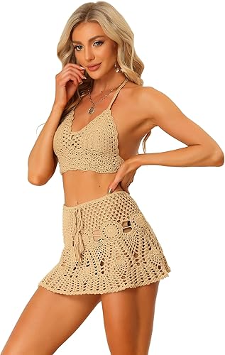 Miniatura 10 de Allegra K Conjunto de bikini de 2 piezas para mujer, top con huecos, minifalda, verano, playa, conjuntos de punto de ganchillo Rosa encendido