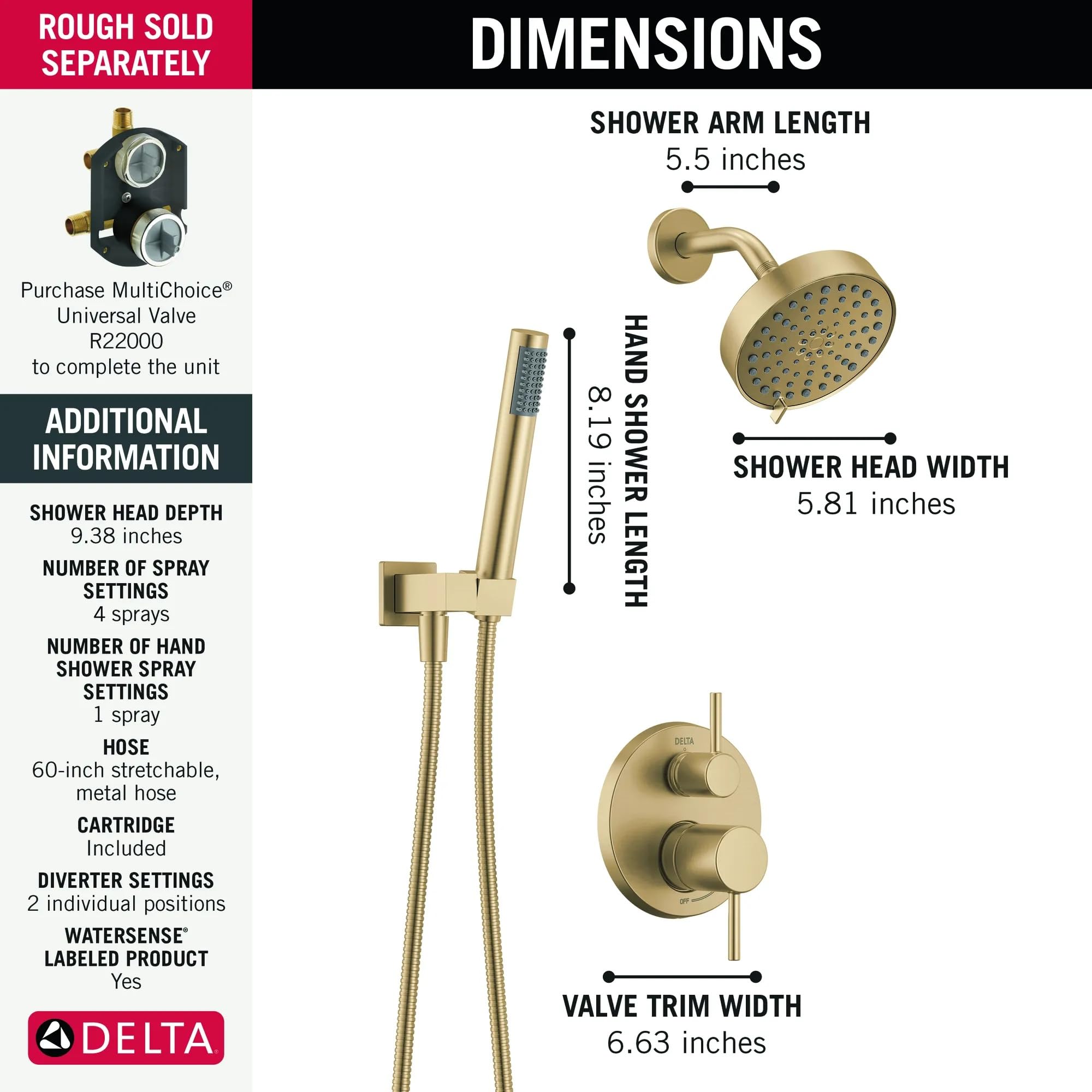 Delta Brushed Gold Shower System - Raincan & Handheld -4 Delta Brushed Gold Shower System - Raincan & Handheld -4