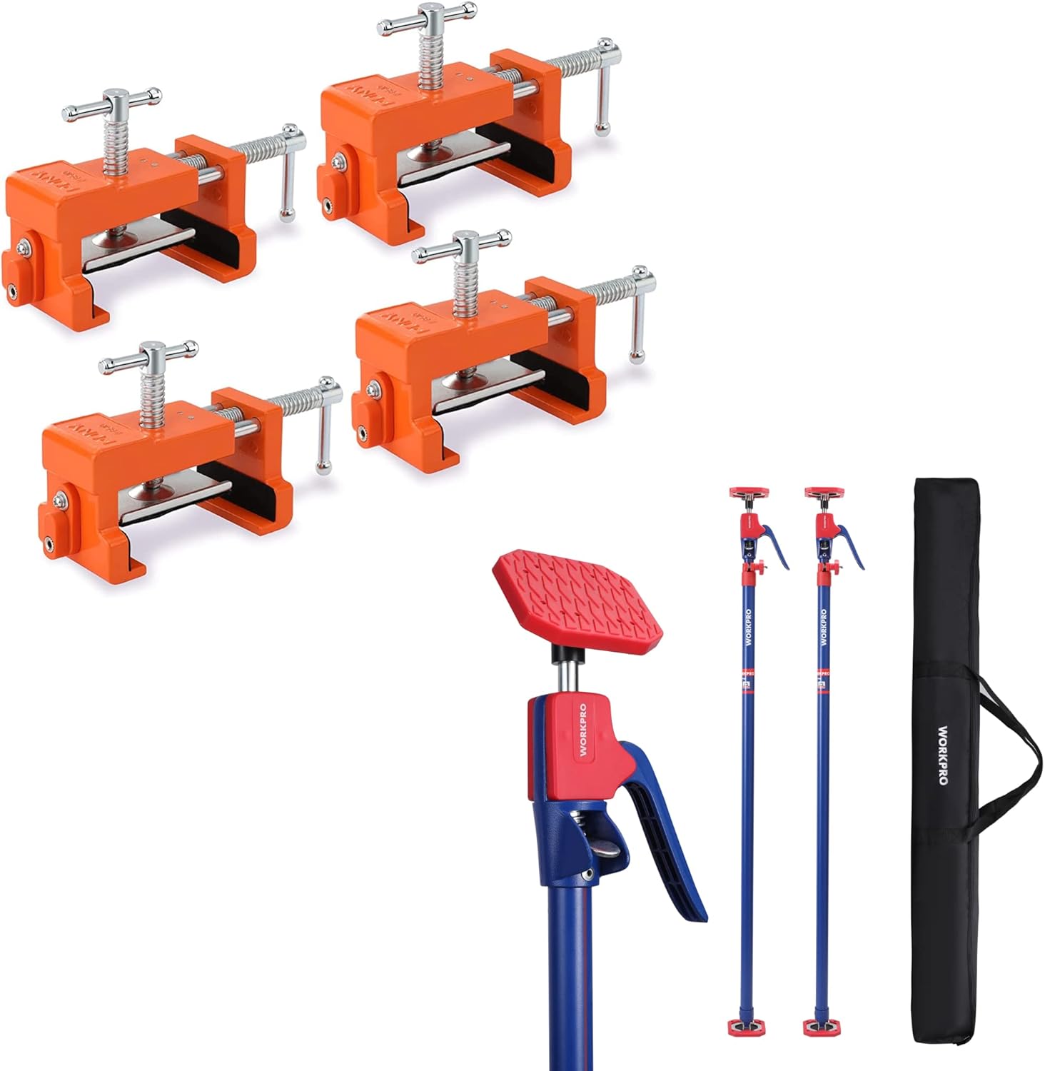 PONY 4-Pack Cabinet Clamps+WORKPRO 2-Pack Cabinet Jack Support Poles