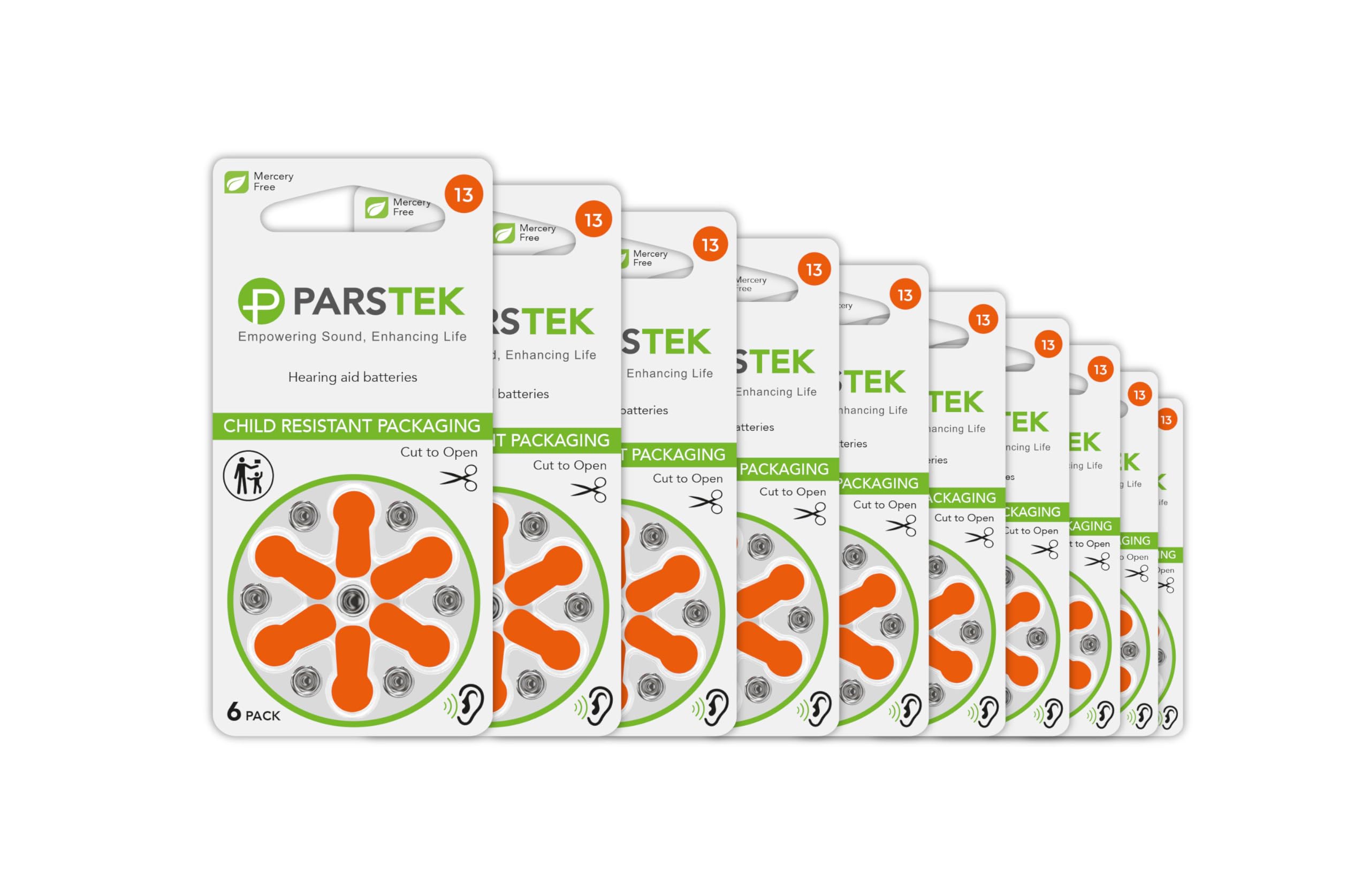 ParsTek Hearing Aid Batteries | Size 13 | Zinc-Air & Mercury Free | Long Lasting | Child Resistant Packaging | 1.45V | 60 Batteries