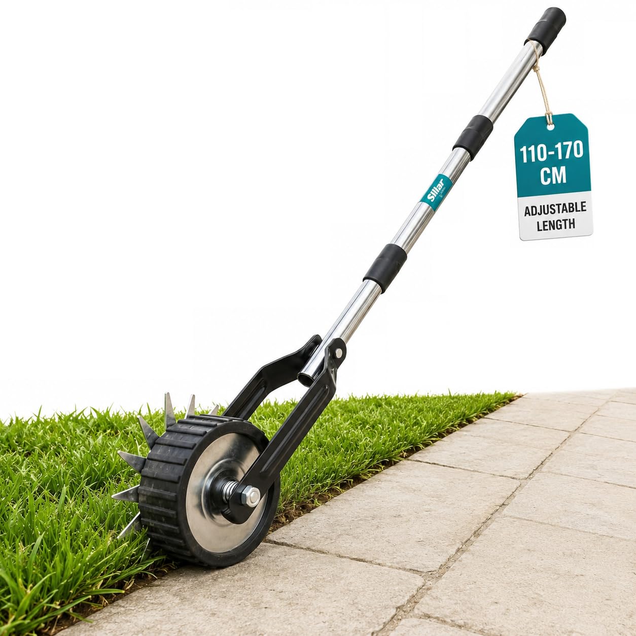 Sillar Tagliabordi Manuale con Manico Regolabile, Tagliabordi per Prato con Lama Dentata in Acciaio Inox, Ruota di Guida, Attrezzo da Giardino per Aiuole Viali Marciapiedi, 100x135x170 cm