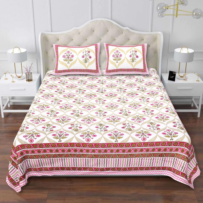 SABHINJO Block Print Cotton Double Bedsheet 90 x 108 Inches – Traditional King Size Bed Sheet for Home & Bedroom – Soft & Breathable Fabric (Design 1, Pink)-image-38