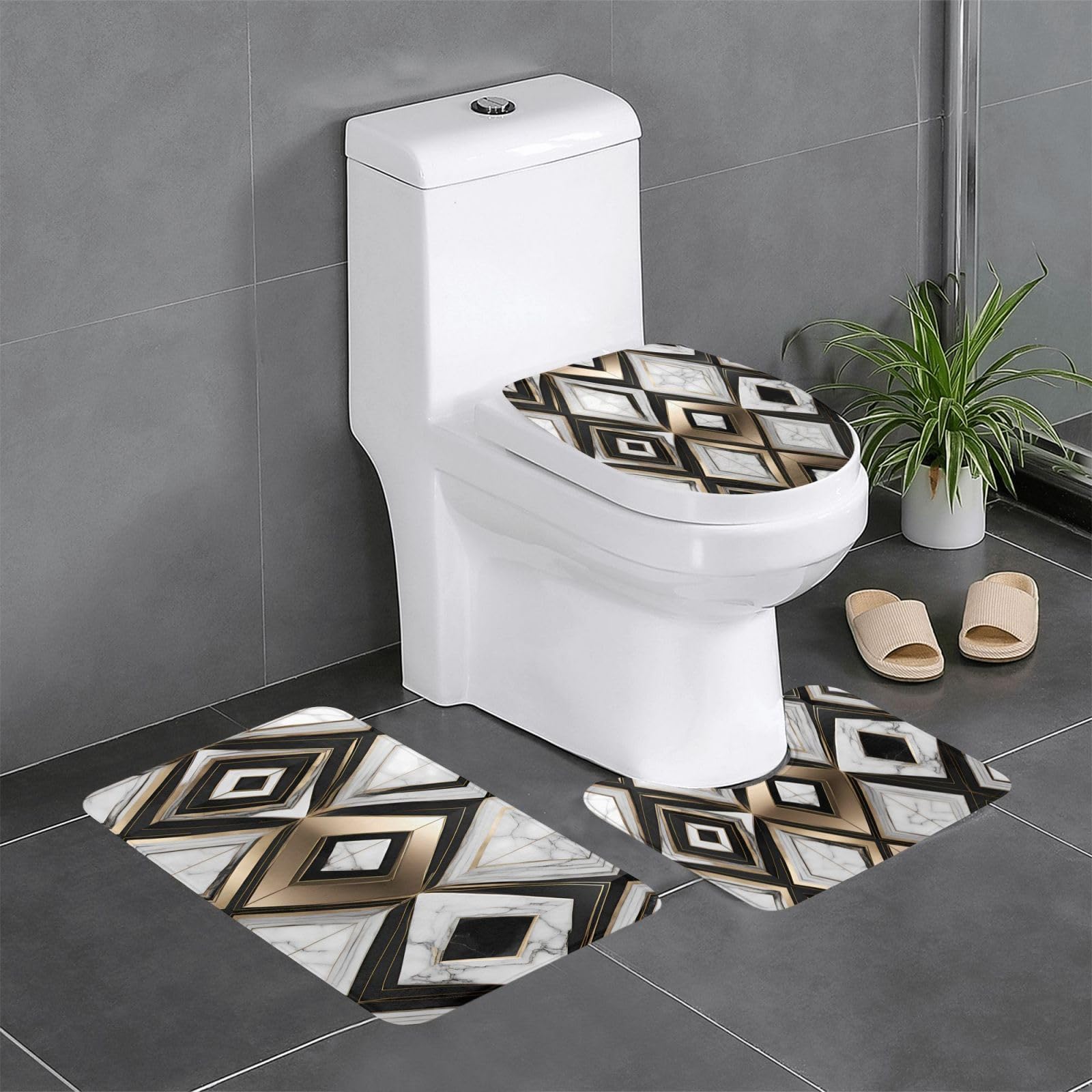 Tapis de salle de bain antidérapants motif marbre noir blanc et doré ovale
