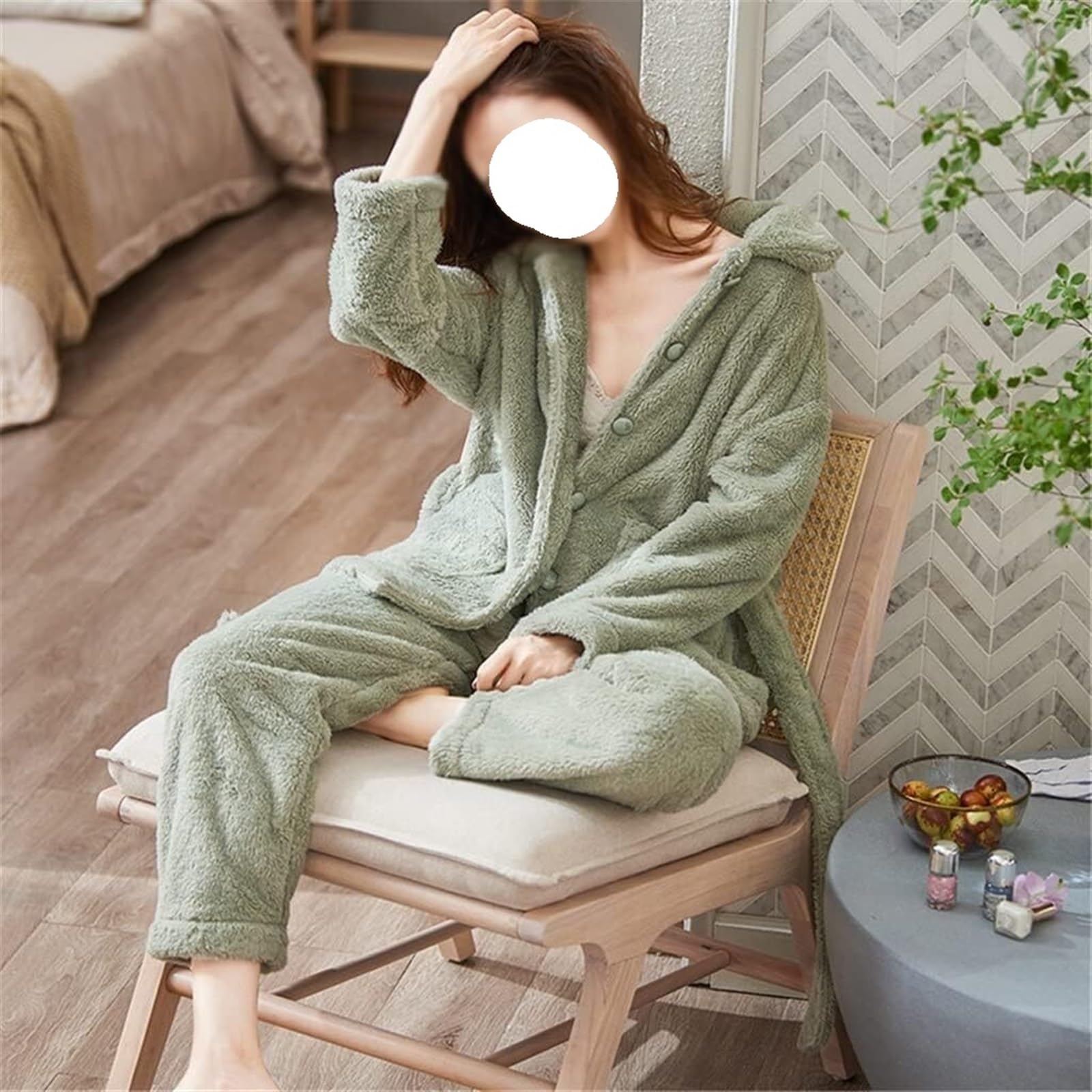 Albornoz Para Viajes Piscina Conjunto De Pijamas Para El Hogar, Franela Engrosados ​​de Invierno, Ropa Dormir Manga Larga Para Mujer Ropa De Dormir