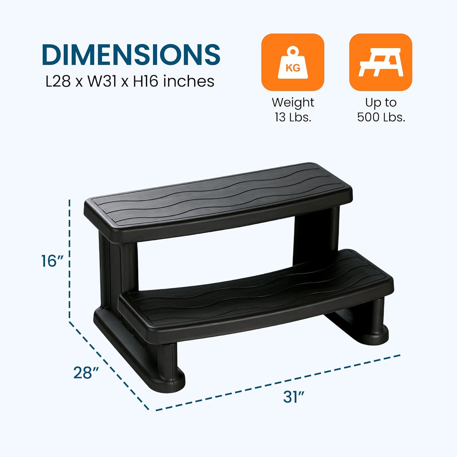 LIFE SMART Hot Tub Side Step for Square or Round Spas, Folding Stool Ladder, Heavy Duty Plastic, Portable Step for Adults and Kids, 31" x 16", Black