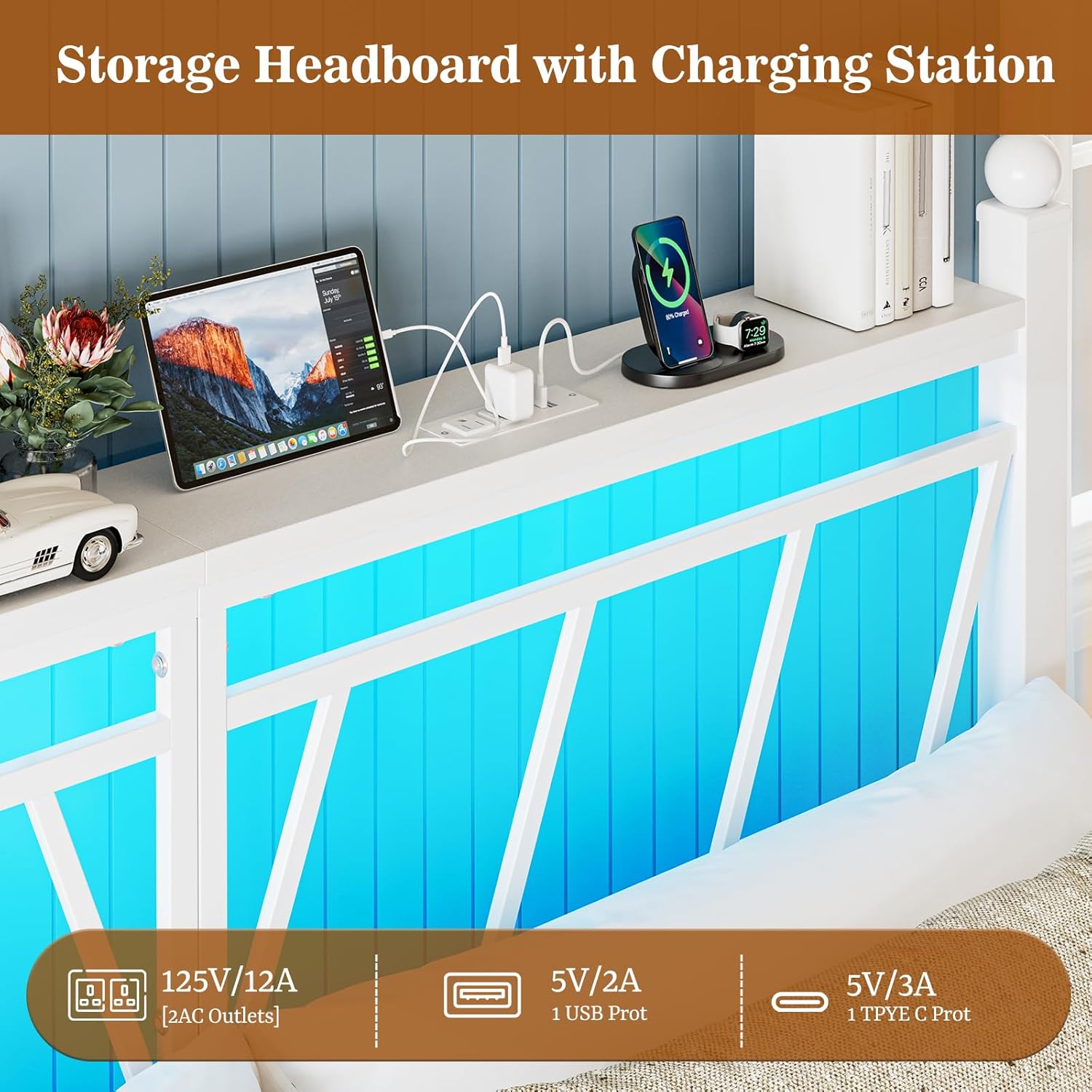 California King Size Storage Headboard with LED Lights, Modern Cal King Head Board with Outlets, USB & Type C Port, Farmhouse Vintage Style, Metal Headboard Only for Bedroom, White