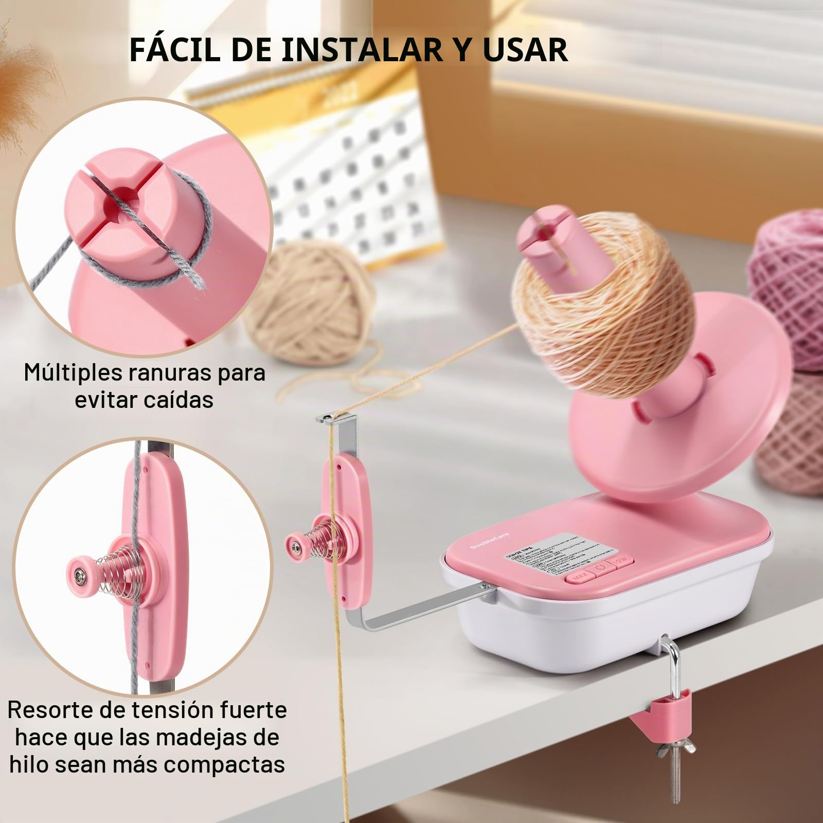 Bobinadora de Lana Eléctrica para Crochet de Alta Velocidad, Bobinadora Automática de Bolas de Hilo de Gran Capacidad Ajustable de 4 a 10 oz con Tres Velocidades Mejorada, Niladora de Hilo, Rosa