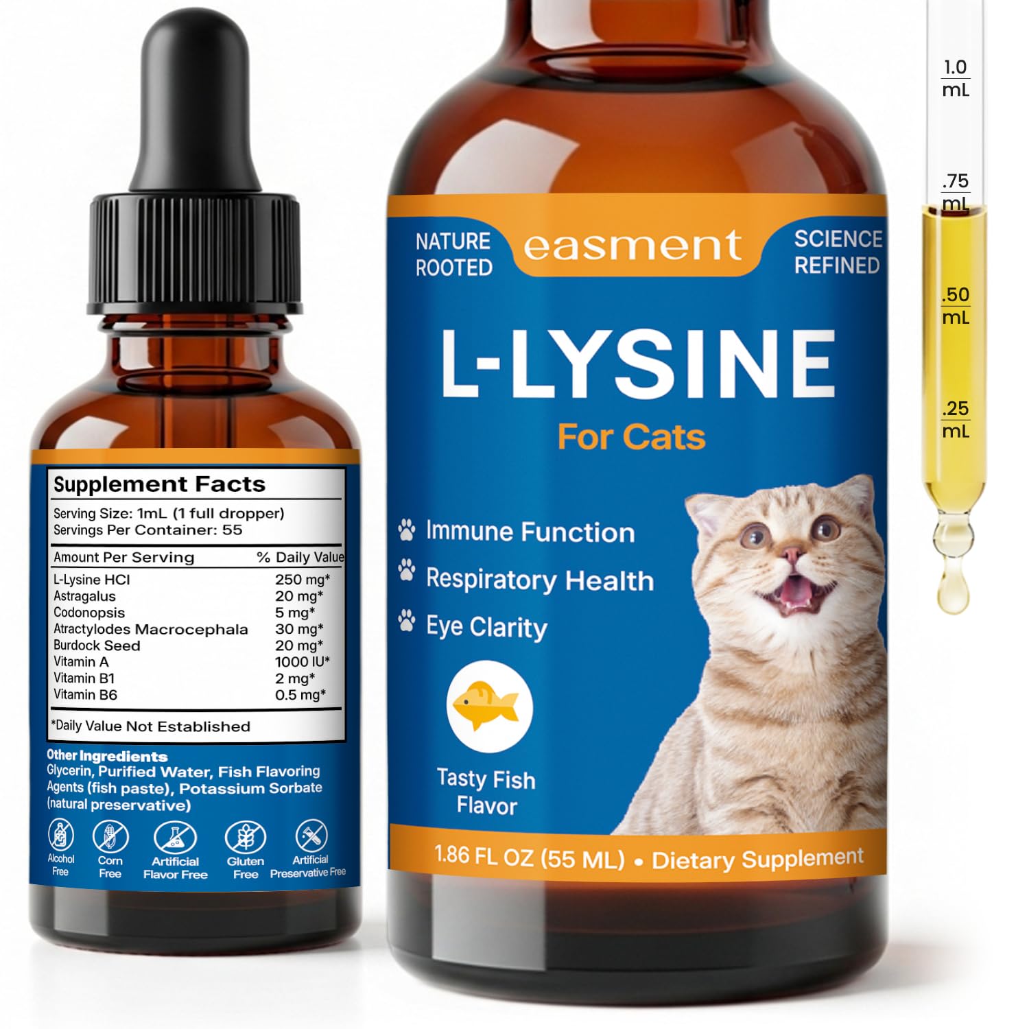 L-Lysine for Cats Liquid Drops Fish Flavor: Immune Support & Respiratory Wellness, Eye & Nose Comfort Pour Chat– Easy-to-Give Cat Lysine Supplement with Botanical Blend + Vitamins A, B1 & B6, 55mL