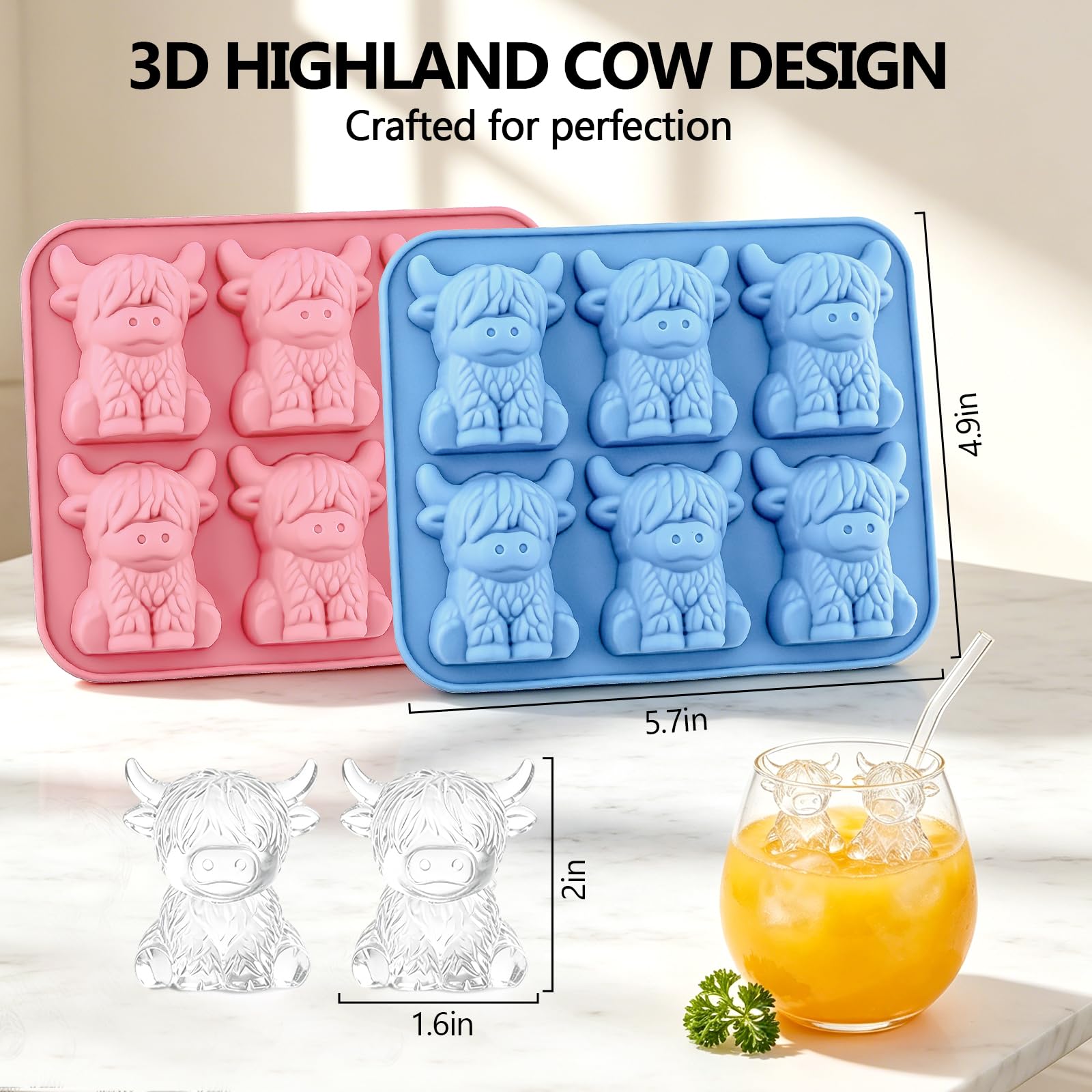 2 bandejas de cubitos de hielo de vaca de las tierras altas, bandeja de cubitos de hielo de silicona, moldes de cubitos de hielo, molde de hielo de vaca linda de fácil liberación, bandeja de hielo