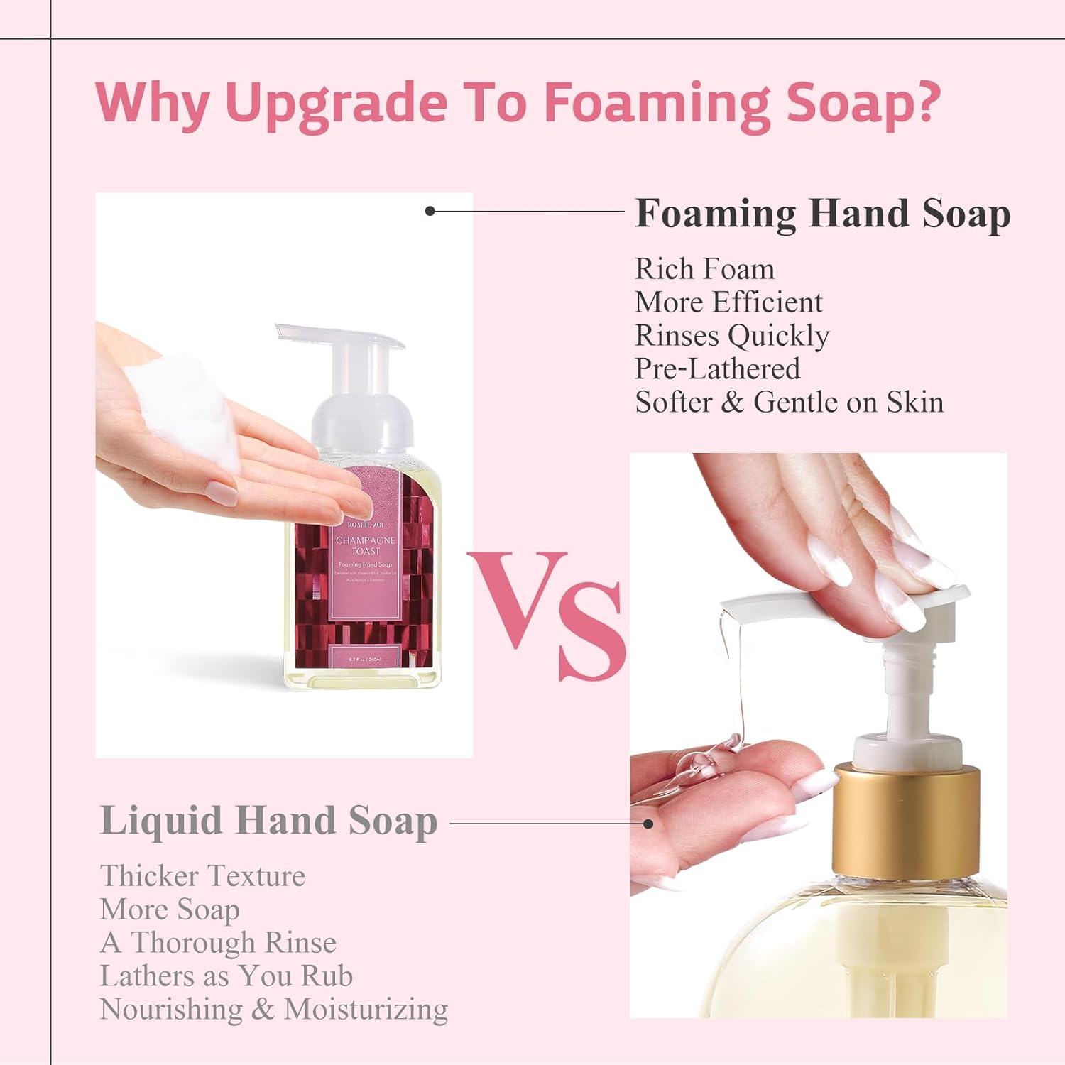 ROMIIE ZOI Foaming Hand Soap Refill Gift Set – Champagne Scent – 3 Pack (1000ML Each) with Dispenser – Gentle & Moisturizing Cruetly Free Formula – Bulk Refill Bottles for Bathroom & Kitchen Use