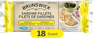 Brunswick Sardine Fillets Seafood Snacks Lemon and Cracked Pepper 100g, 18 Count - Canned Sardines – High in Protein - Contains Omega-3 – Excellent Source of Vitamin D – Contains Iron - Ready to Eat
