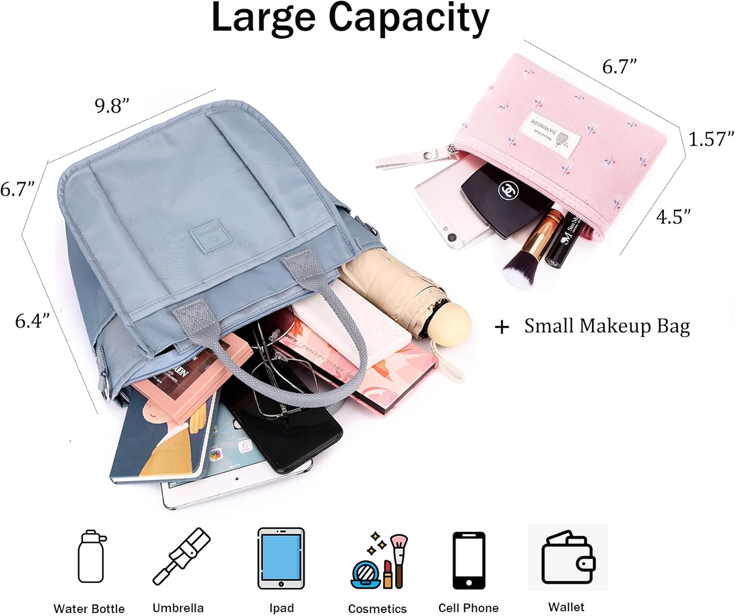 Cute Small Tote Bag for Women with Zipper Multi Pockets, Mini Crossbody Purse Tote Handbags for Work Travel Beach