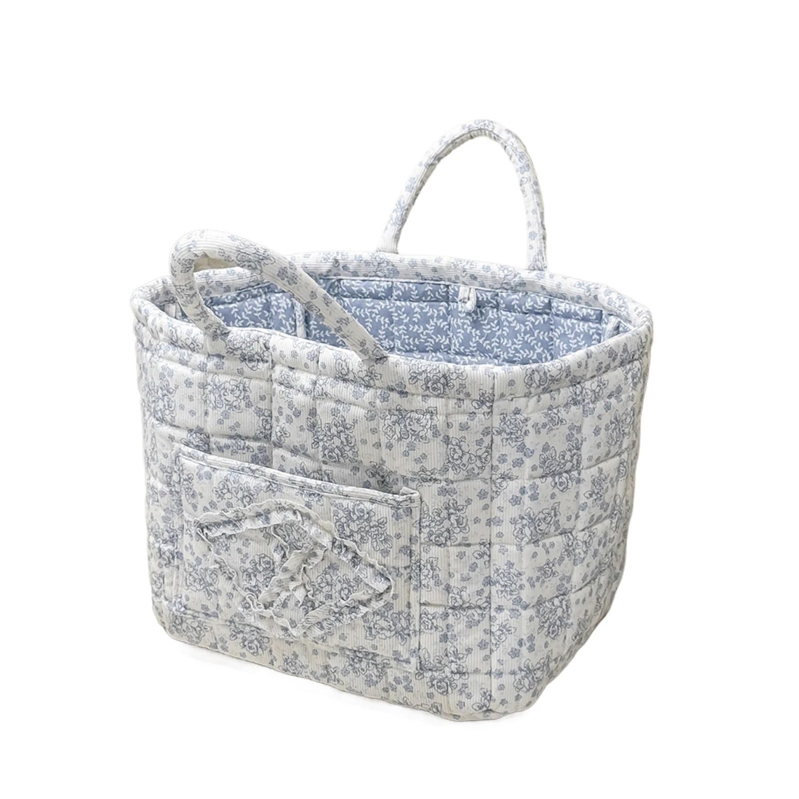 HEUchuan Quilted Fabric Storage Basket with Handles Quilted Fabric Storage Basket with Handles Foldable Floral Organizer Bin Collapsible Laundry Hamper(Blue)