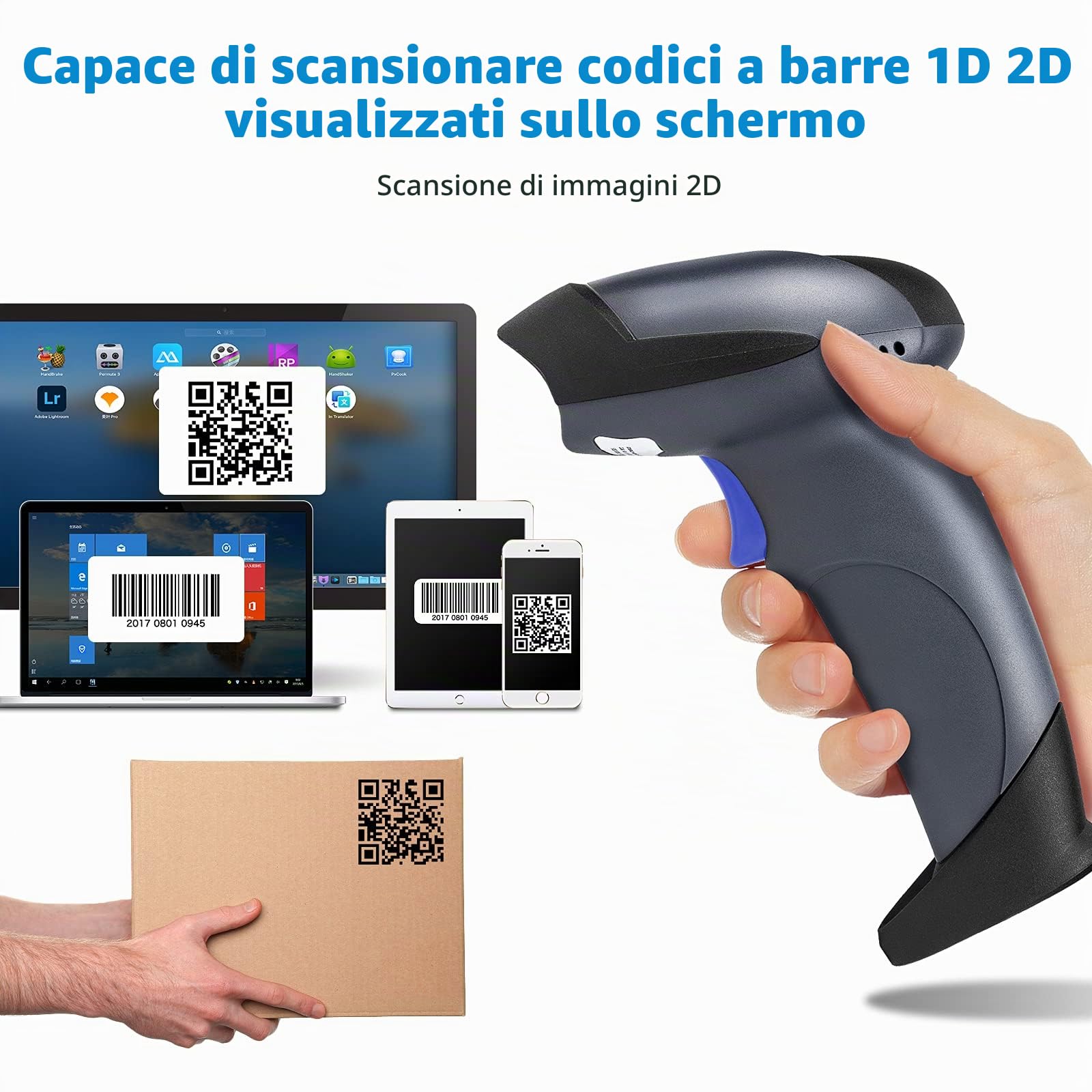 NETUM Lettore di codici a barre QR 2D con supporto, 3 in 1 Bluetooth e wireless a 2,4 GHz e USB cablato Lettore di codici a barre automatico scanner compatibile per laptop, computer, cassiere, POS