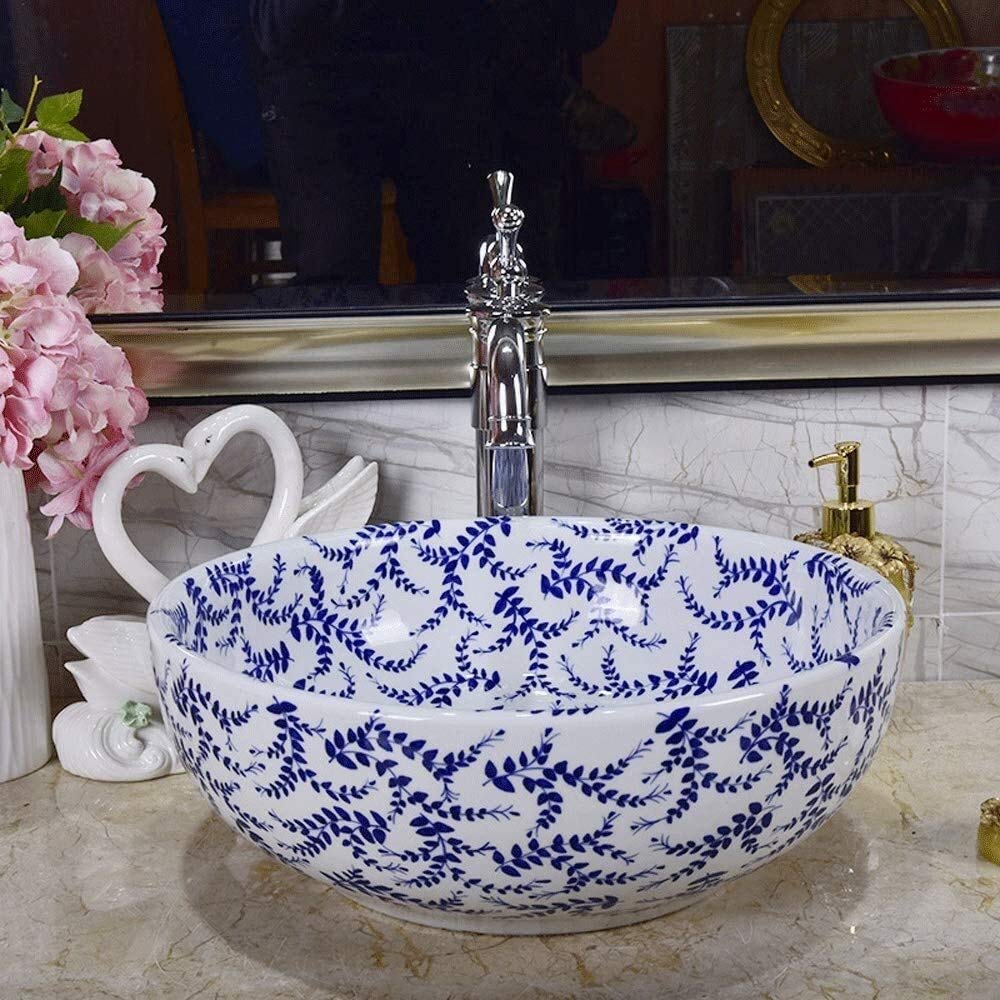 Éviers, lavabo de salle de bain évier de luxe hôtel art évier moderne rond en céramique lavabo de salle de bain au-dessus du comptoir Art bol en porcelaine peint à la main motif feuilles lavabo