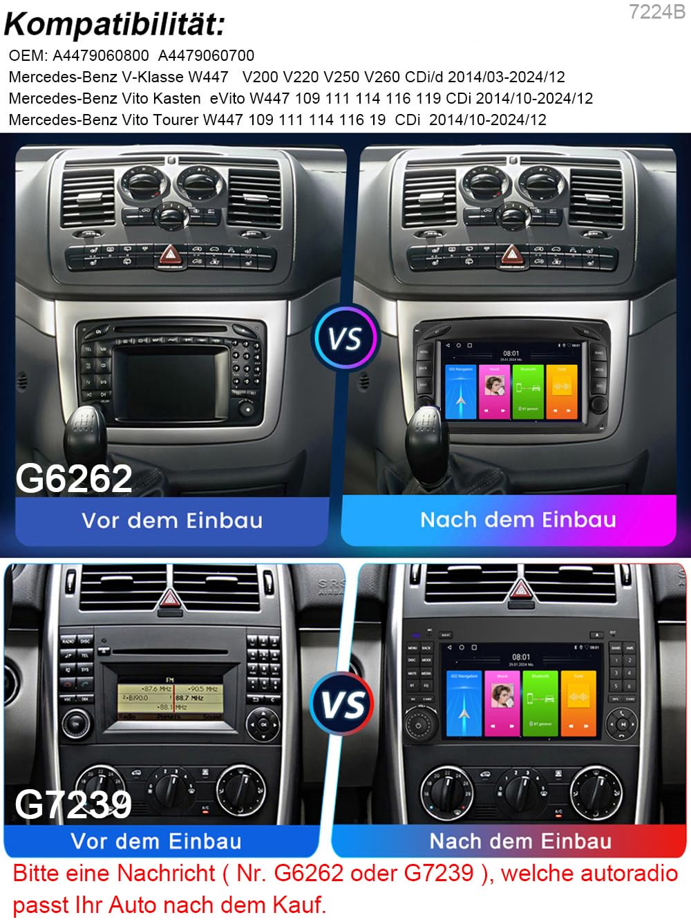 7" Android Auto Radio GPS Navigator Carplay Replacement for Mercedes-Benz V-Klasse W447 V200 V220 V250 V260 Vito Kasten Evito Tourer W447 mit USB WiFi GPS FM DVR RDS DAB+Auto Rückfahrkamera