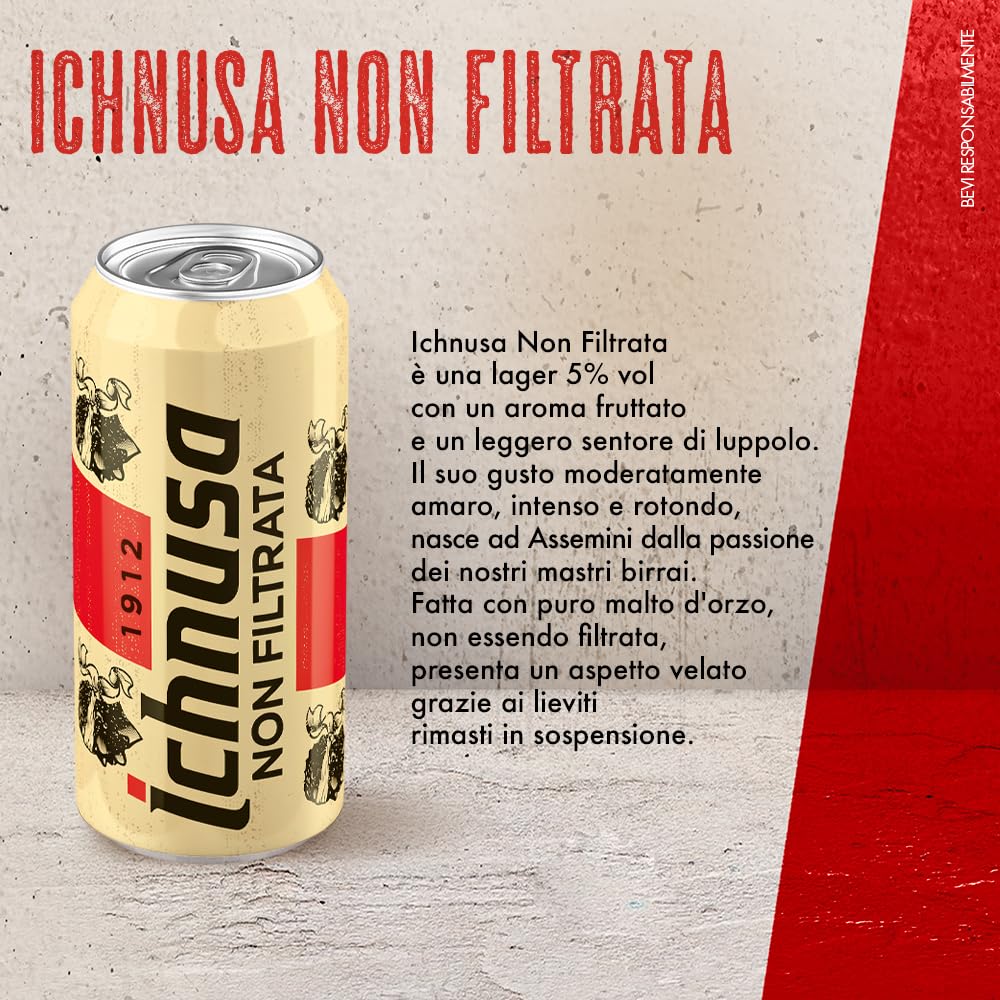 Birra Ichnusa Non Filtrata, Cassa con 24 Lattine 24 da 44cl, Birra Lager Non Filtrata a Bassa Fermentazione, Gusto Morbido, Corposa ed Equilibrata, Gradazione 5,0% Vol