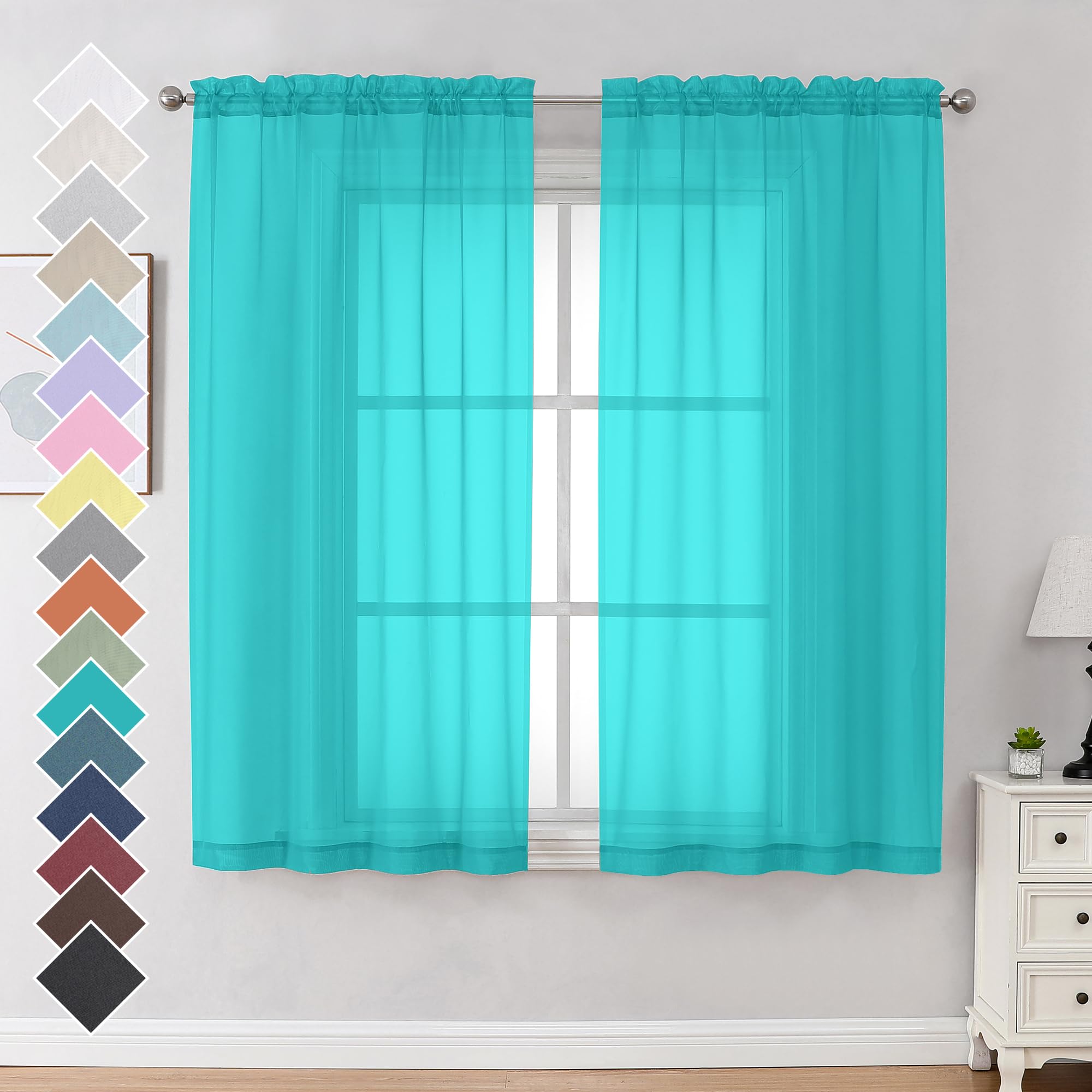 OVZME Turquoise Sheer Curtains 63 Inches Length 2 Panels, Light Filtering Treatment Window Drapes for Living Room Bedroom, Each 42Wx63L