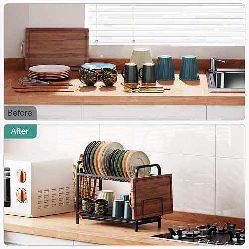 Miniatura 8 de GSlife Escurridor de platos, 2 niveles resistente al óxido con escurridor compacto con soporte para utensilios, soporte para tabla de cortar para