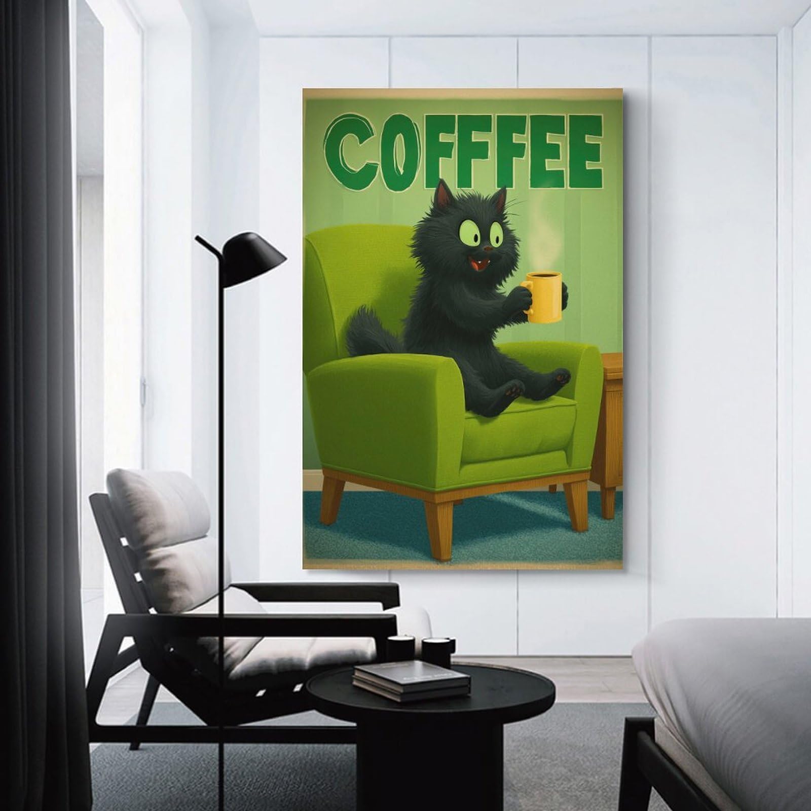 Junmoney Home Decor Wall Art Cartoon Cat Enjoying Coffee in Armchair, 20x30inch(50x75cm), for New Homes, Bedrooms Or Workspaces, Decorative Present for New Homes