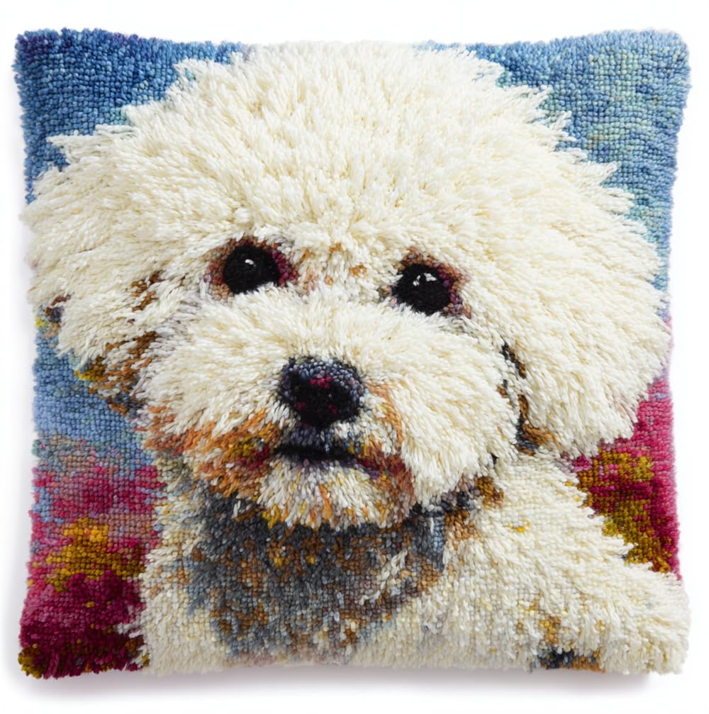 Taxpy Latch Hook Kits DIY Throw Pillow Cover White Bichon Frise Dog Latch Hook Sofa Cushion Cover Embroidery Craft Kit for Adults and Beginners Pattern Printed Canvas Creativity Crochet Gift 17X17