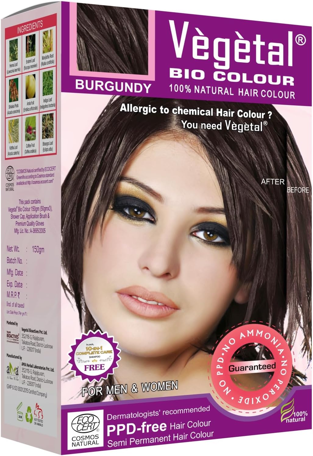 Bio Hair Colour - Burgundy 150g Achieve Natural, Ammonia-Free Hair Color PPD-Free, 100% Herbal Certified Organic for Men and Women UV Protection and Luster Maintenance Complete Kit