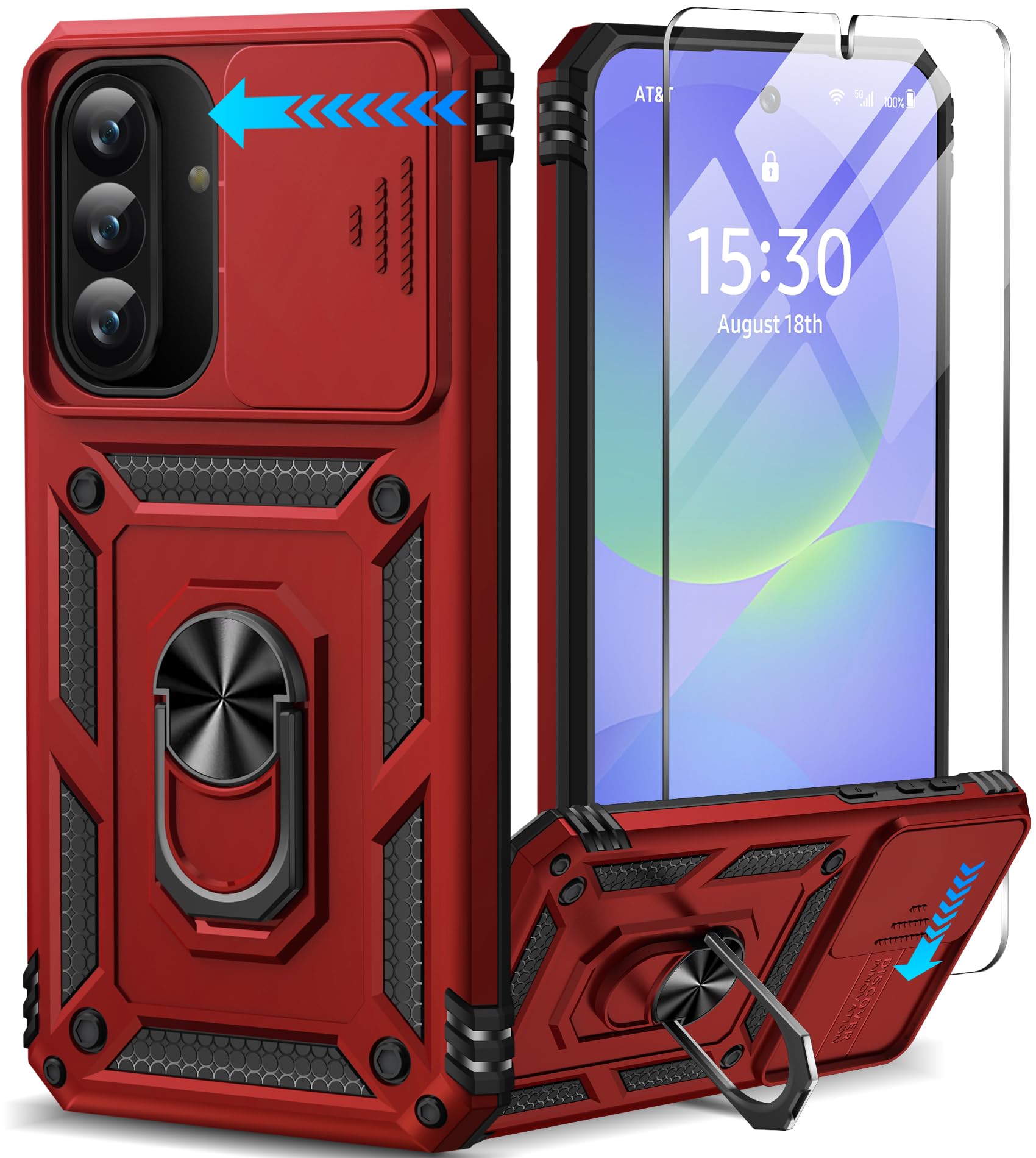 Taisairu for Samsung Galaxy A36 Case with Screen Protector & Slide Camera Lens Cover, Built-in 360°Rotate Ring Stand Shockproof Protective Case for