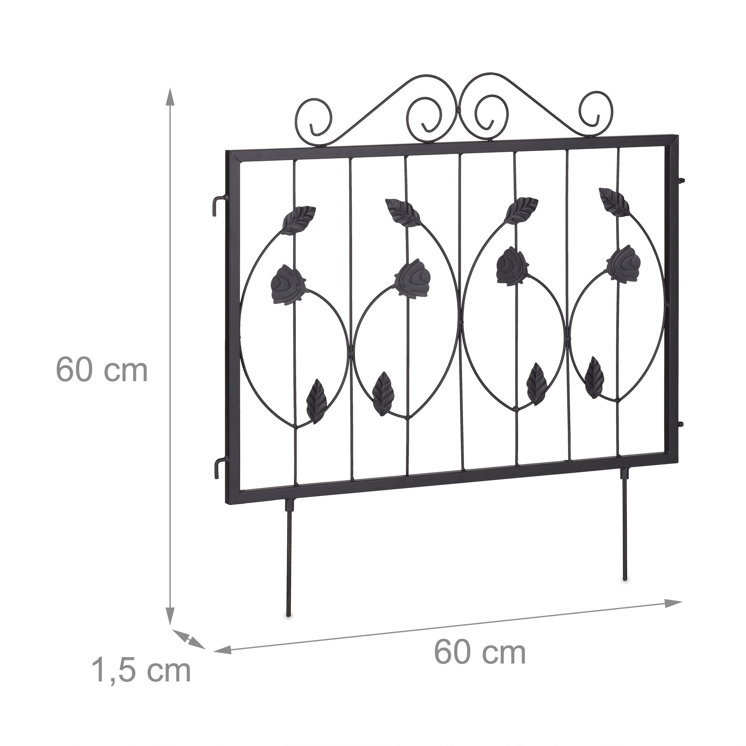 Relaxdays Recinzione per Aiuole, Set 4 Pannelli per Cortile e Giardino, Design Rose e Foglie, Ferro, HL: 60x60 cm, Nero