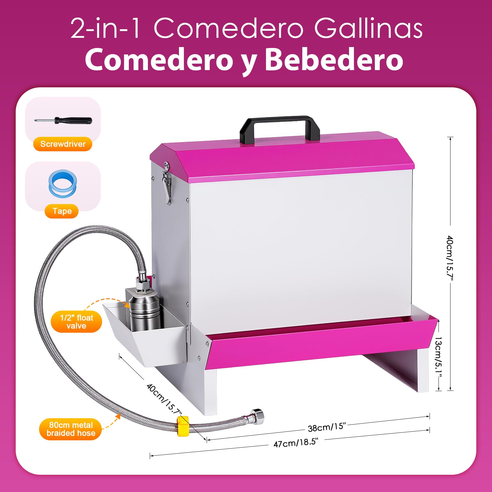 Comedero y Bebedero para Gallinas 2 en 1, 5KG Distribuidor Automático de Alimento para Pollos Metálico, Fuerte, Fácil de Limpiar