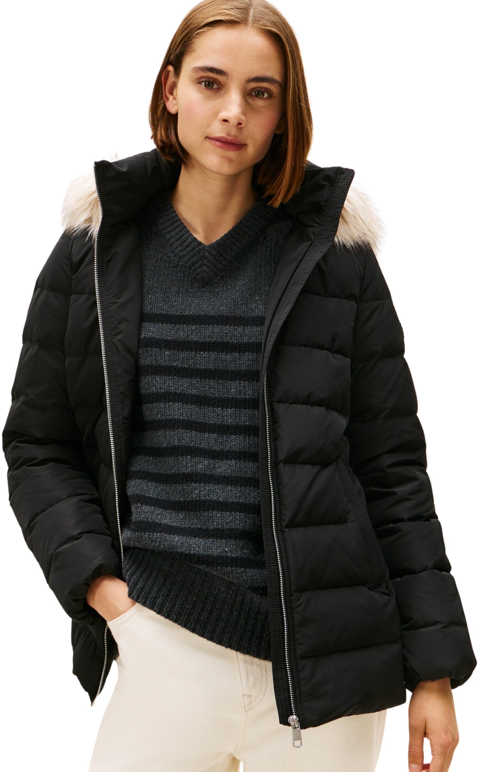 Tommy Hilfiger Women's Slim Down Puffer Jacket with Faux Fur Trim, Black (Black), XS