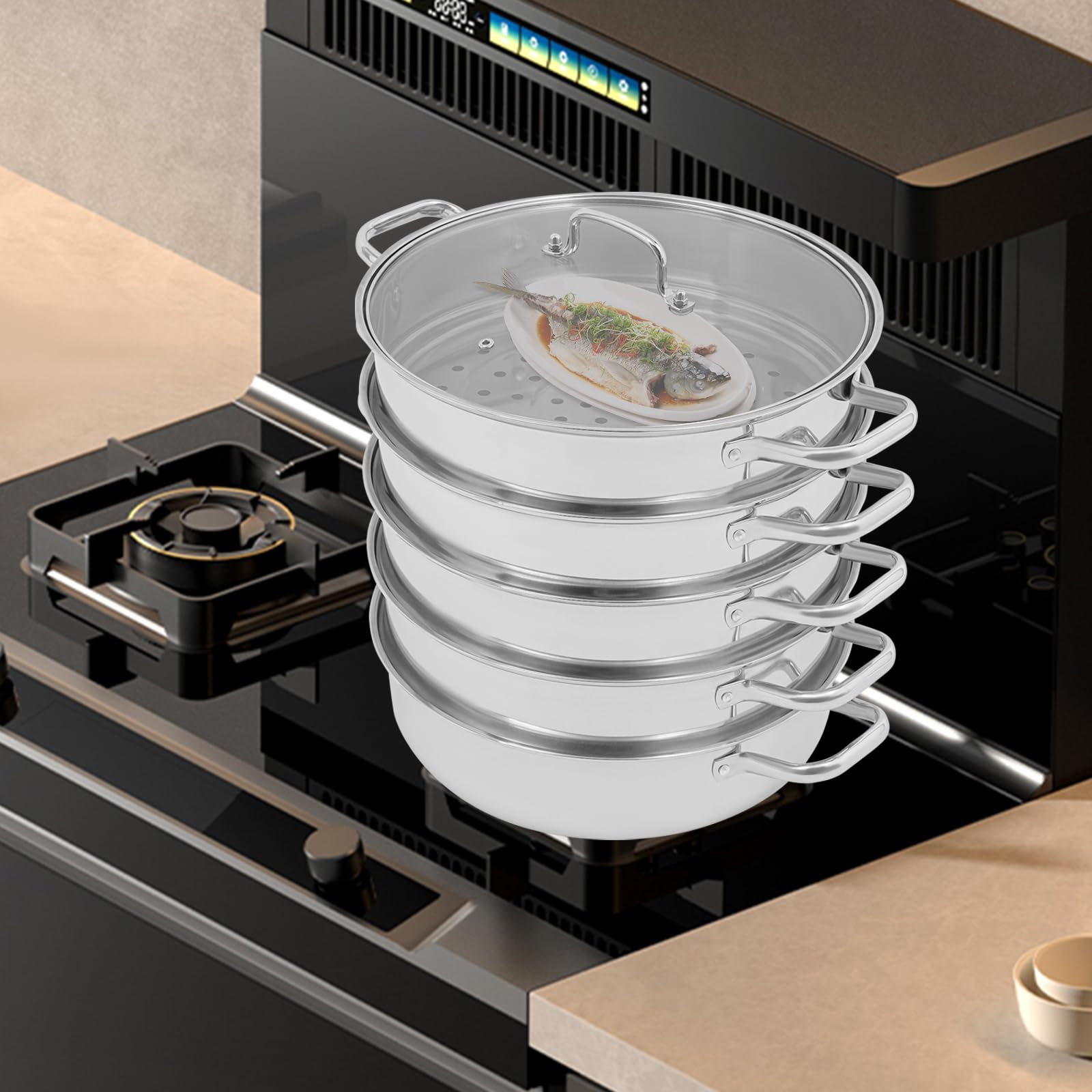 Cottura a vapore a 5 ripiani, in acciaio inox, Ø 32 cm, fornello a vapore con coperchio in vetro, pentola per piani cottura a induzione, fornello a gas, argento
