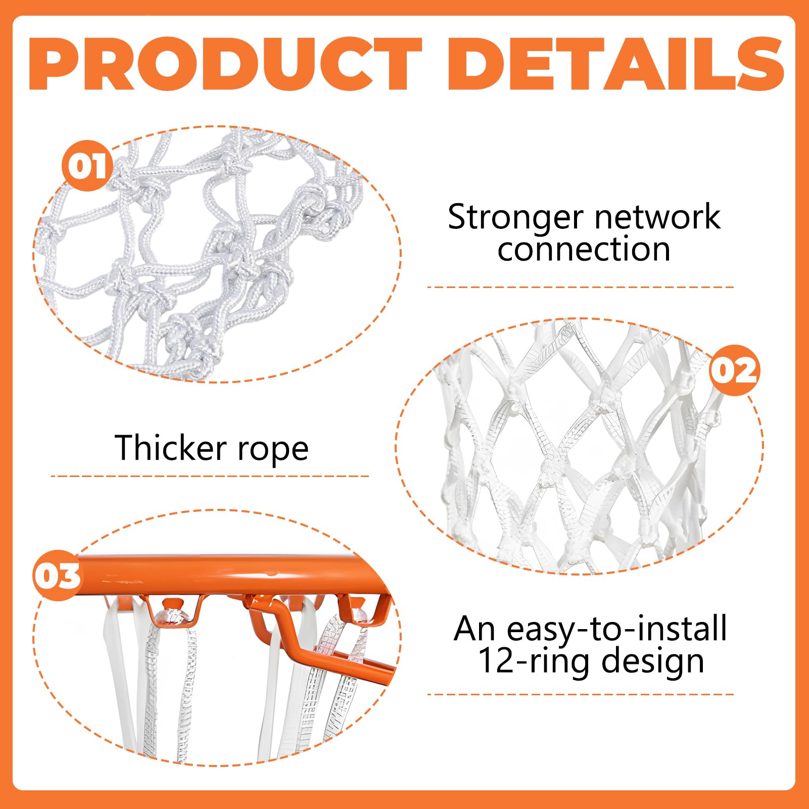 Filet de Basket-Ball de Rechange Résistant aux Intempéries, Compatible avec Paniers Standard Intérieurs et Extérieurs, 12 Boucles, 53,3 cm de Longueur, Polyester Durable