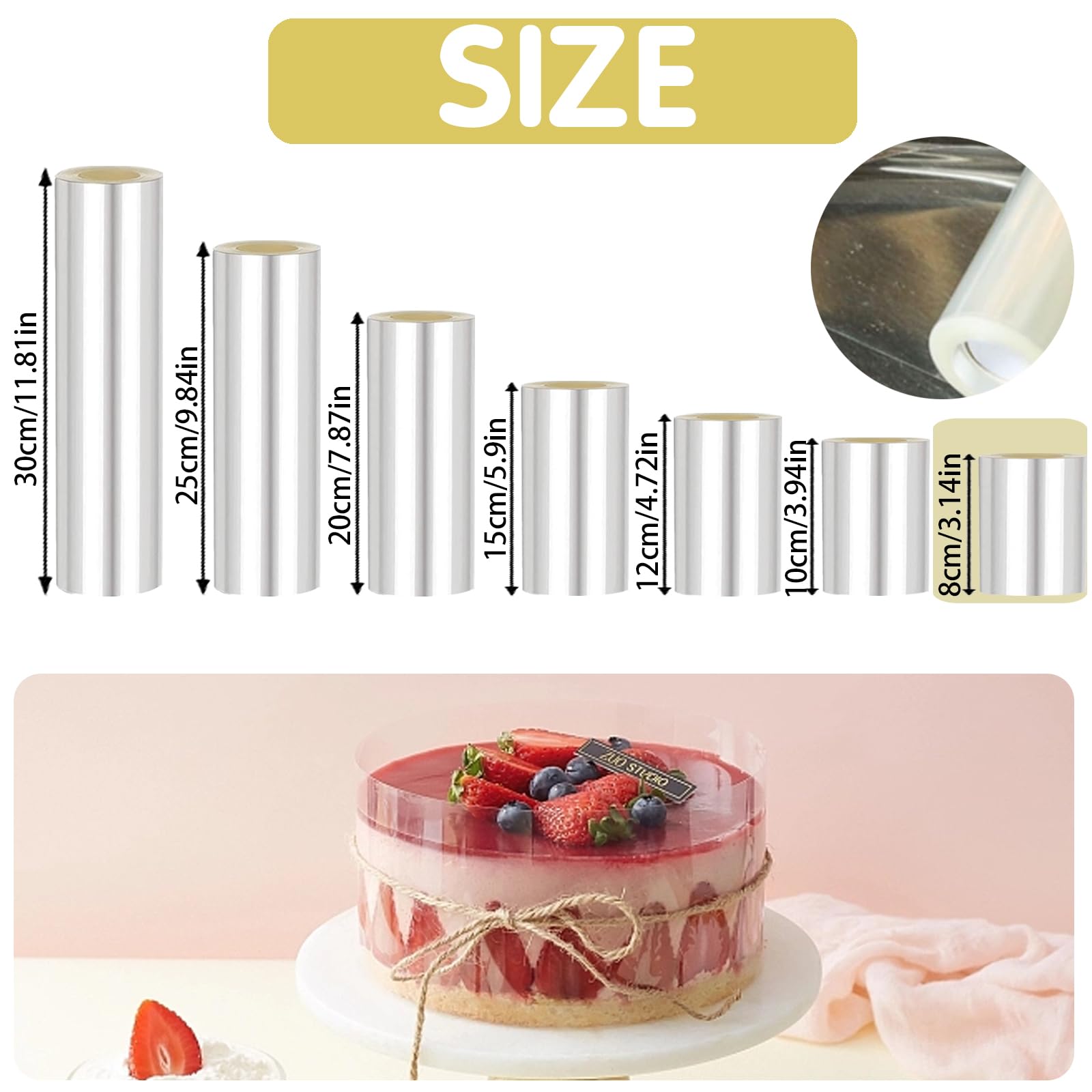 Set Collari Per Torte In Acetato Trasparente – 7,6 Cm E 10,2 Cm X 10 M – Rotolo Per Mousse E Cioccolato - 3